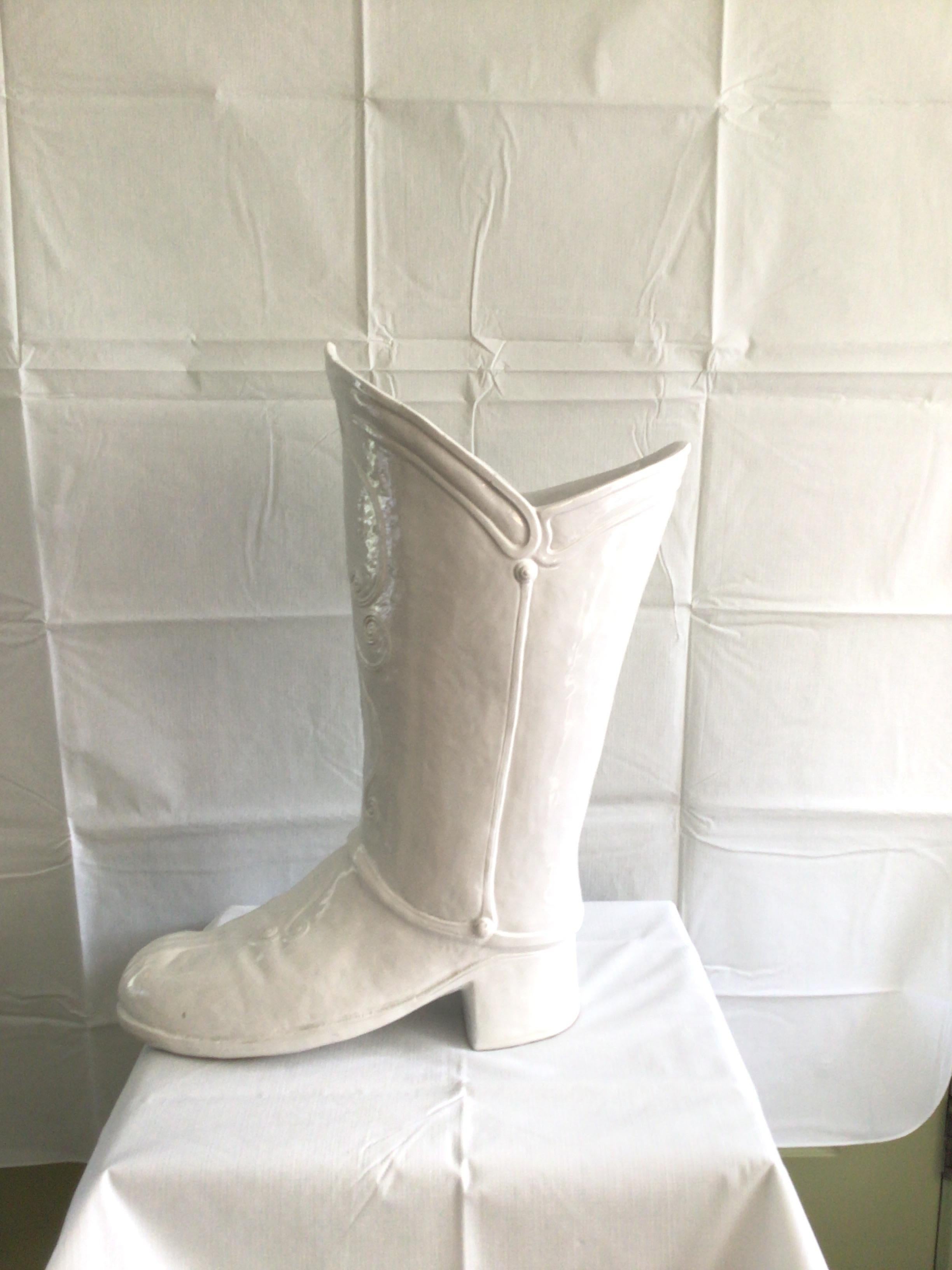 Late 20th Century 1970s Italian Glazed Ceramic Boot Umbrella Stand For Sale