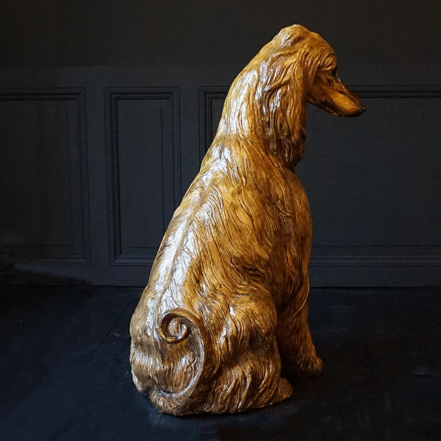 Late 20th Century 1970s Italian Glazed Plaster Hollywood Regency Life Size Afghan Hound Statue