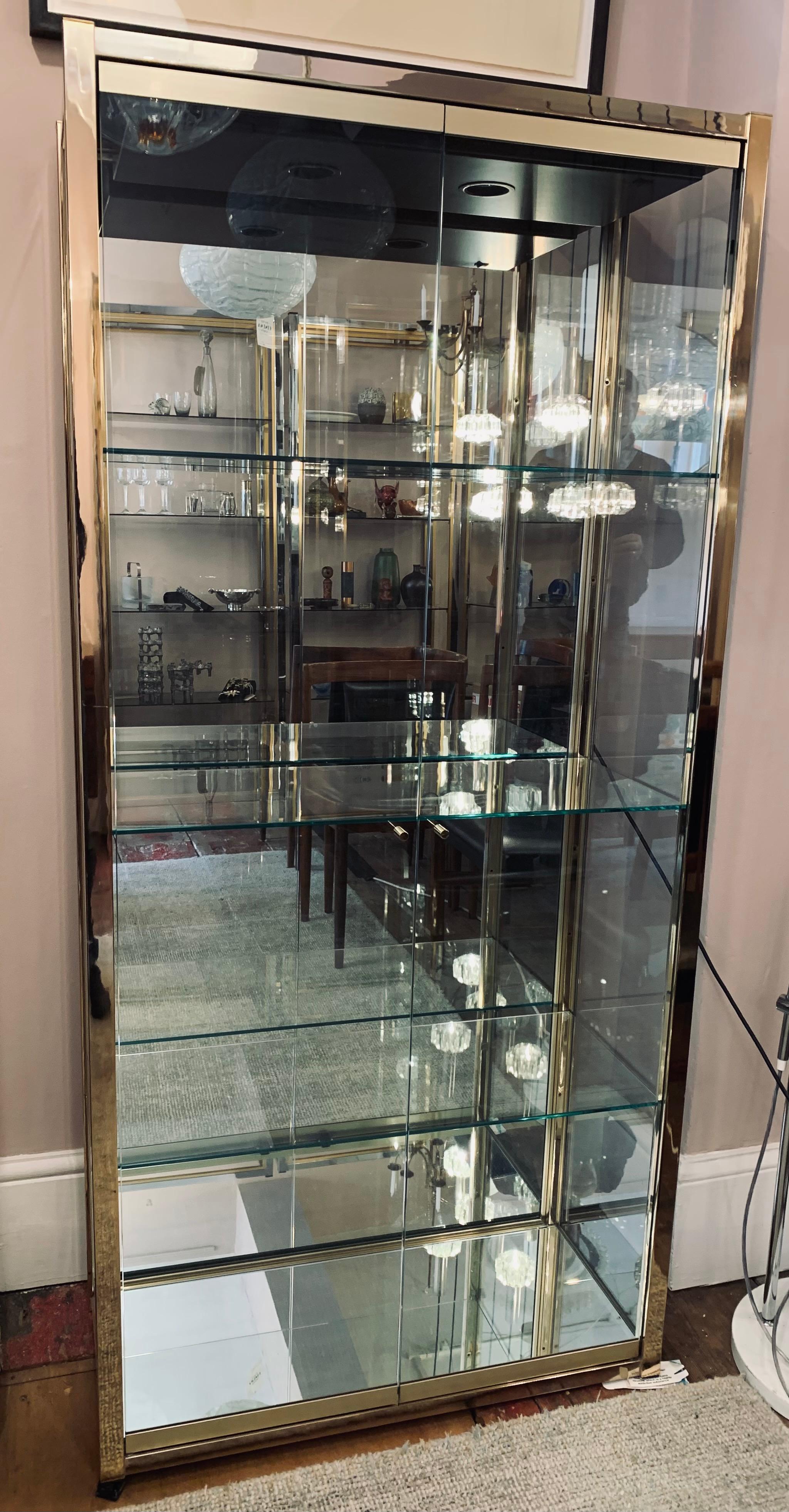 1970s Italian Gold Chrome, Mirror and Glass Display Cabinet Renato Zevi Style 1