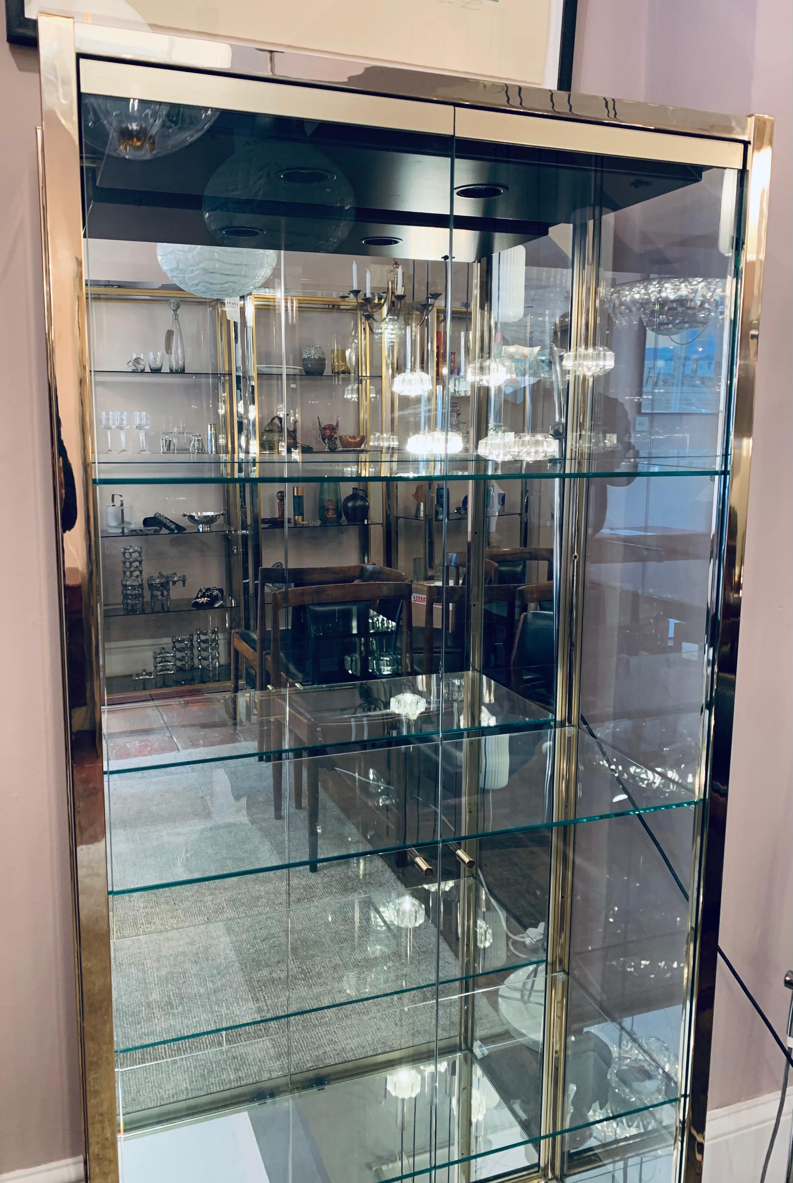 Mid-Century Modern 1970s Italian Gold Chrome, Mirror and Glass Display Cabinet Renato Zevi Style