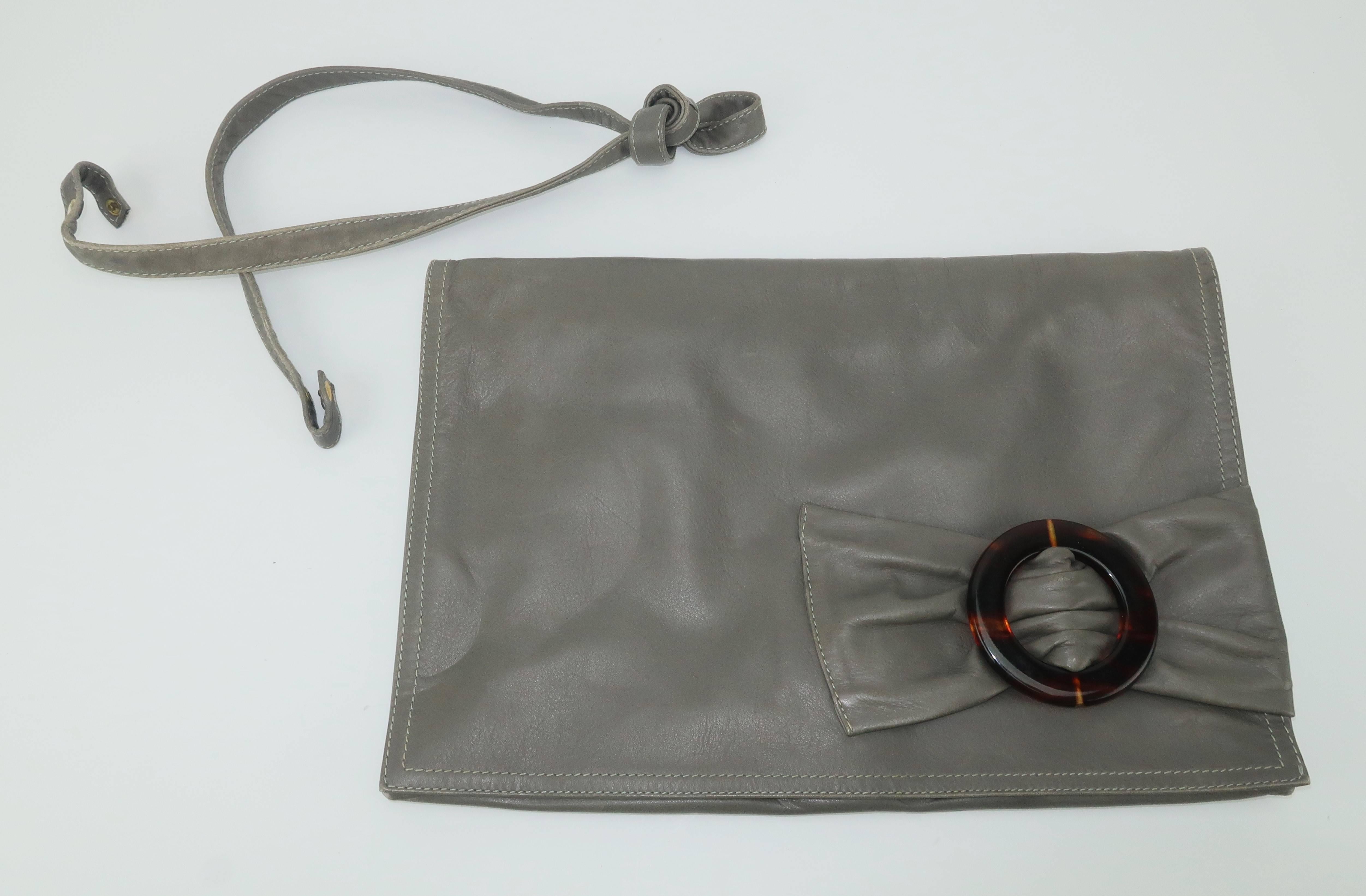 Italian Gray Leather Convertible Clutch Handbag, 1970s  6