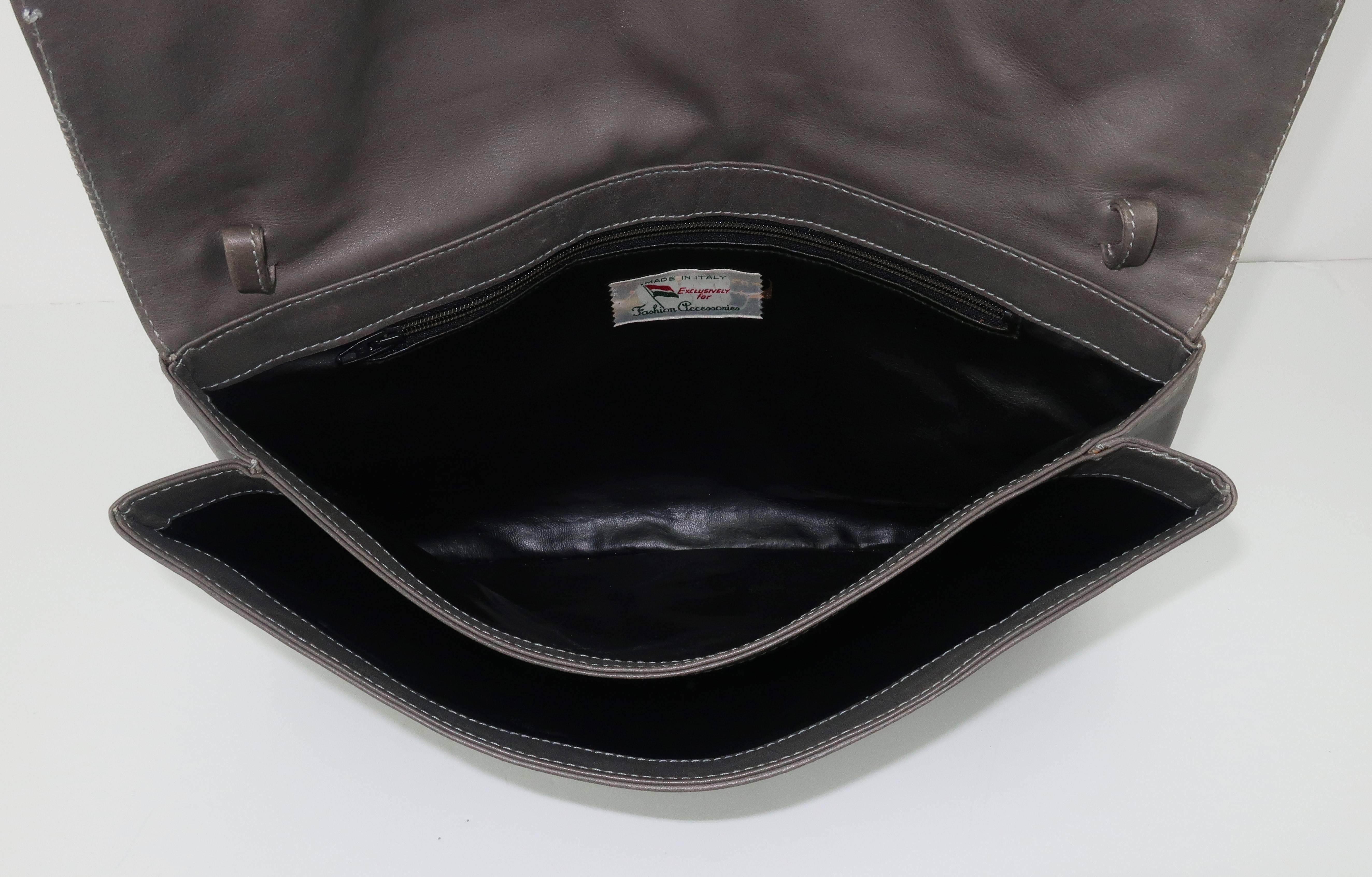Italian Gray Leather Convertible Clutch Handbag, 1970s  7