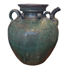 1970s Italian Green Glazed Ceramic Vase, Vintage Mediterranean Art Pottery