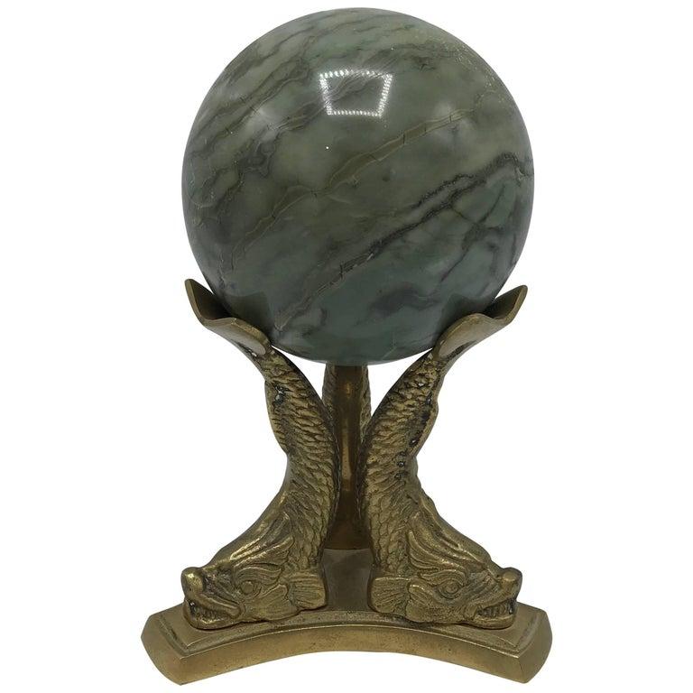 Polished 1970s Italian Green Marble Ball Sculpture on Brass Koi Fish Stand
