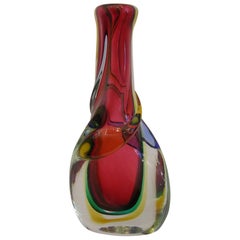 1970s Italian Green Yellow Red Sculpture Vase in Sommerso Crystal Murano Glass
