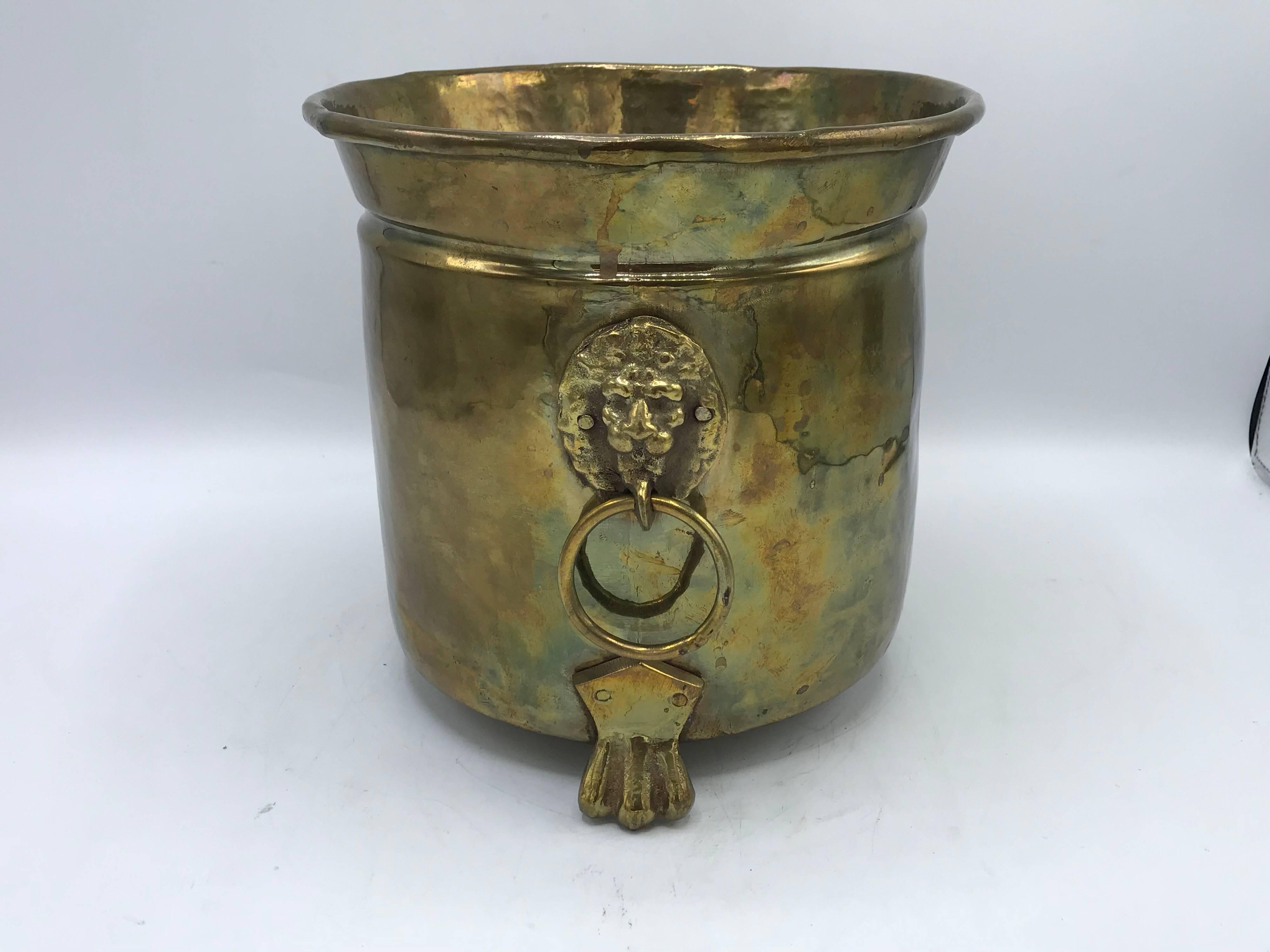 Hollywood Regency 1970s Italian Hammered Brass Cachepot Planter with Lion Head and Foot Motif