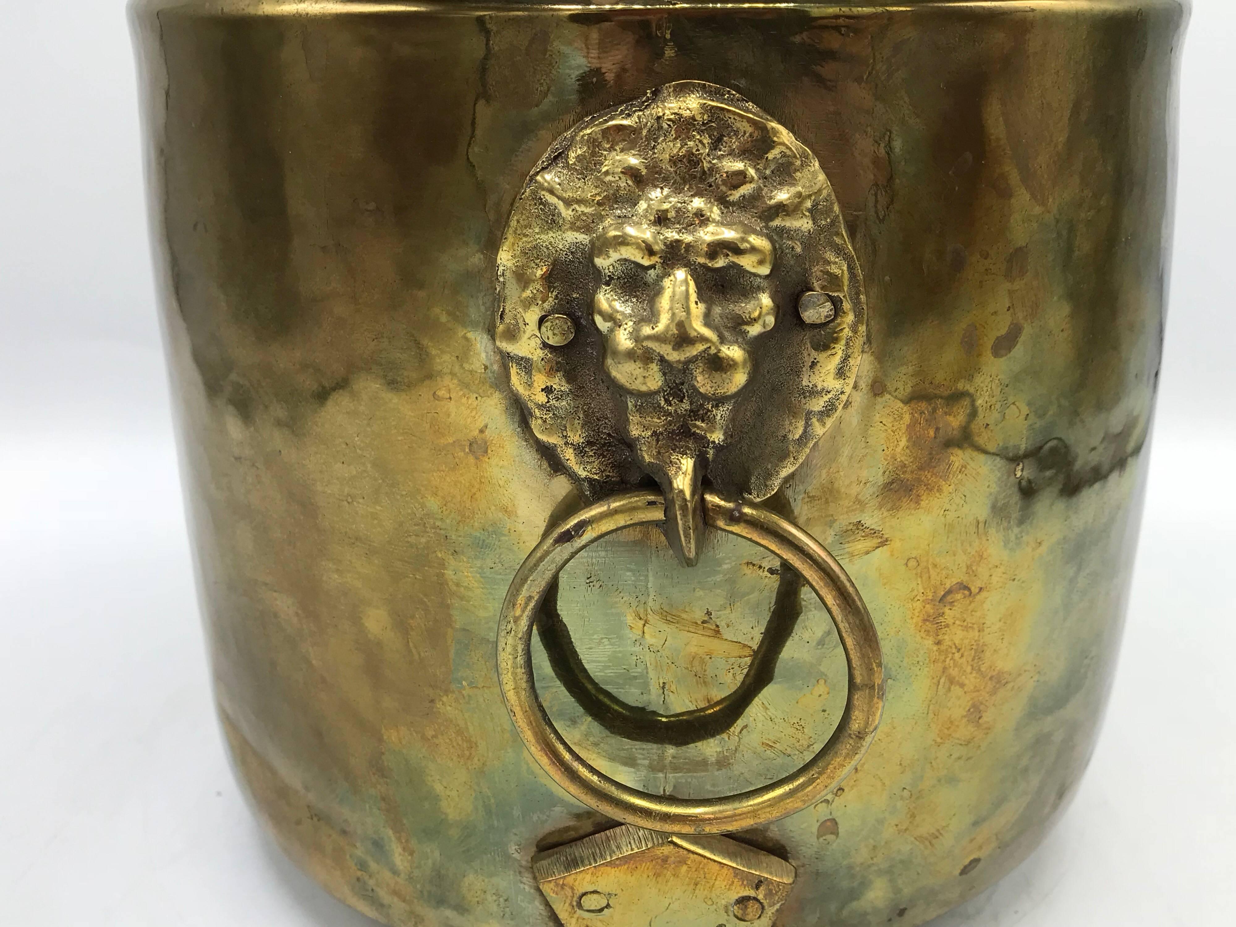 20th Century 1970s Italian Hammered Brass Cachepot Planter with Lion Head and Foot Motif