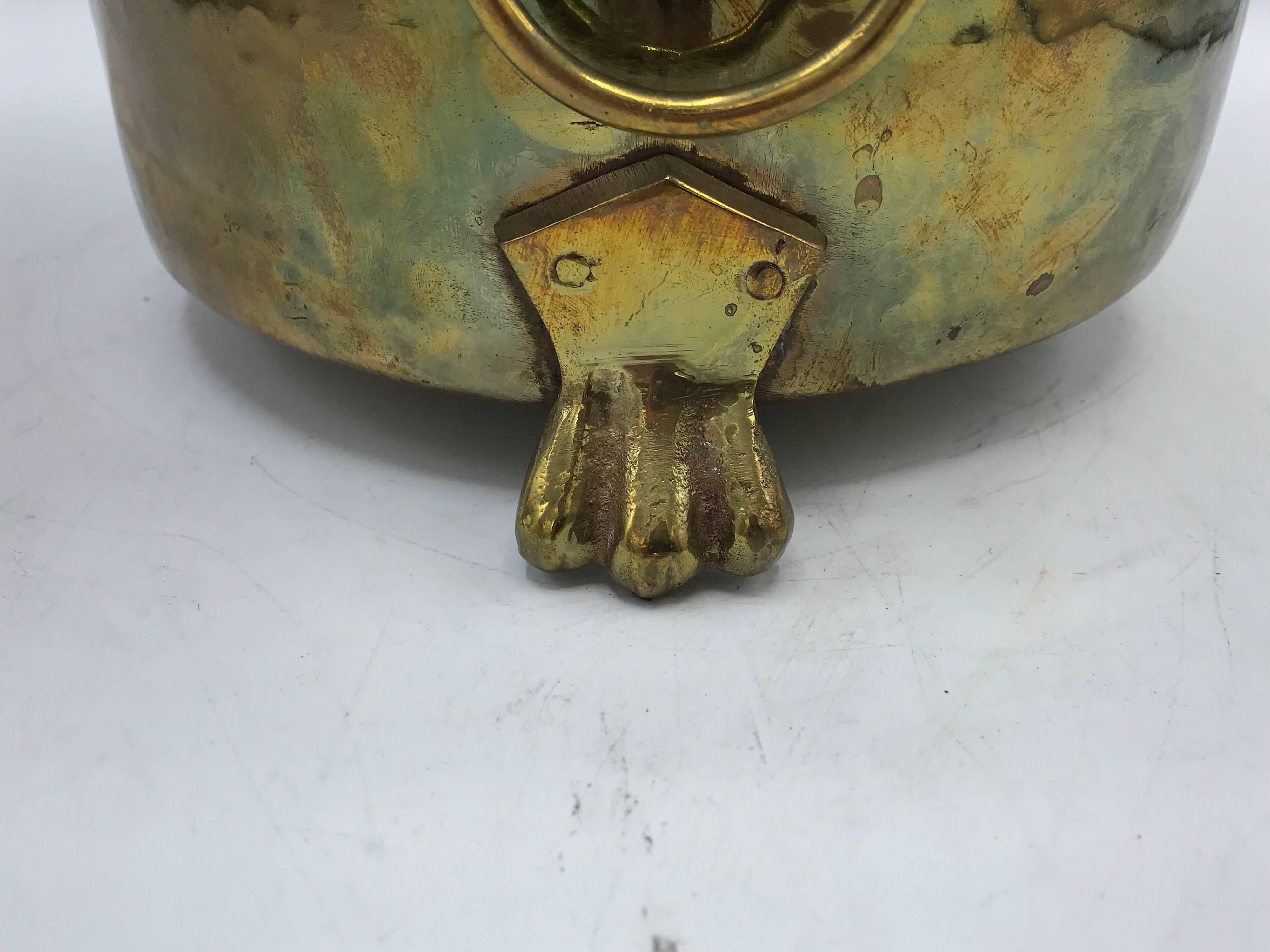 1970s Italian Hammered Brass Cachepot Planter with Lion Head and Foot Motif 1