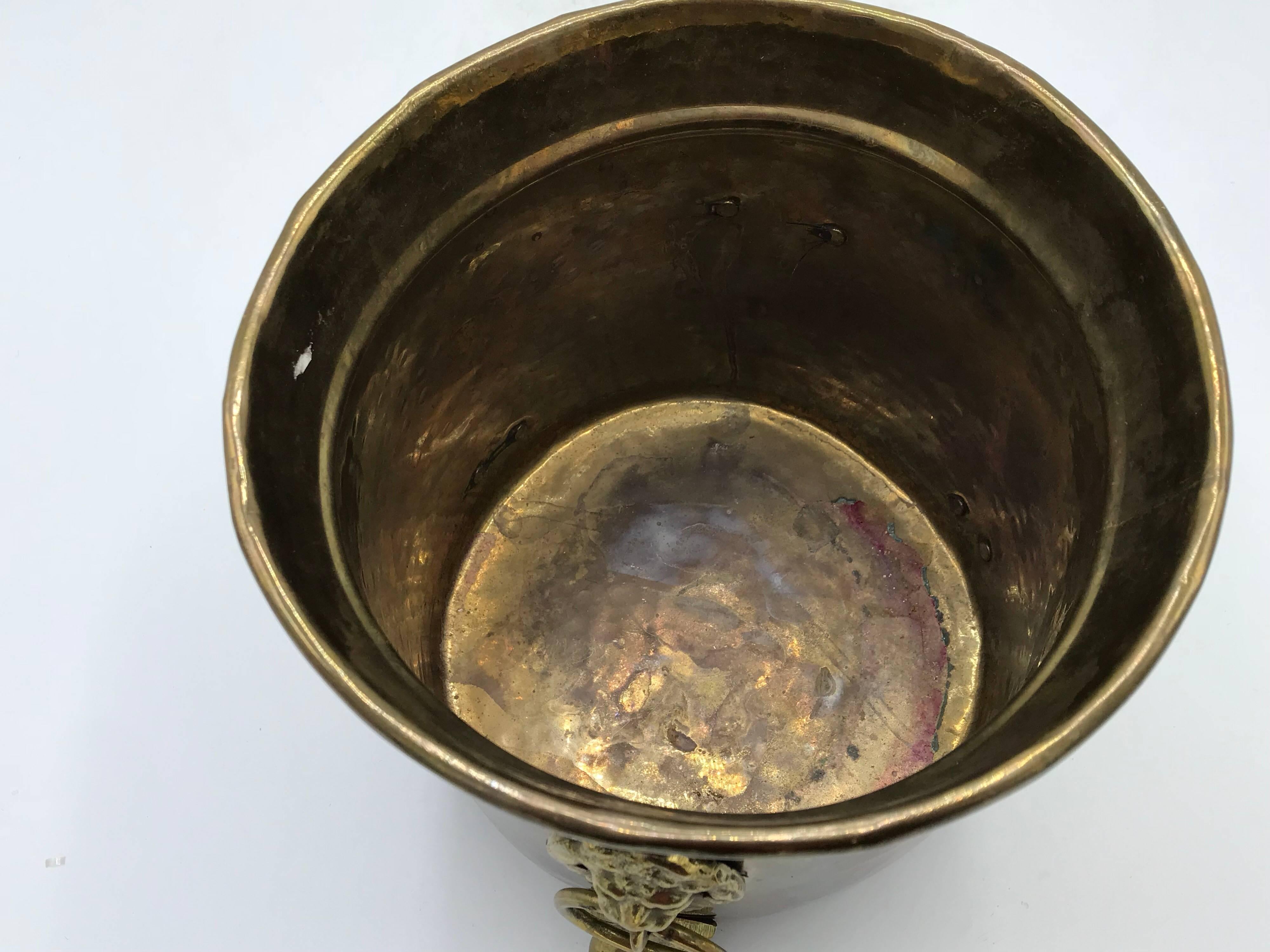 1970s Italian Hammered Brass Cachepot Planter with Lion Head and Foot Motif 2