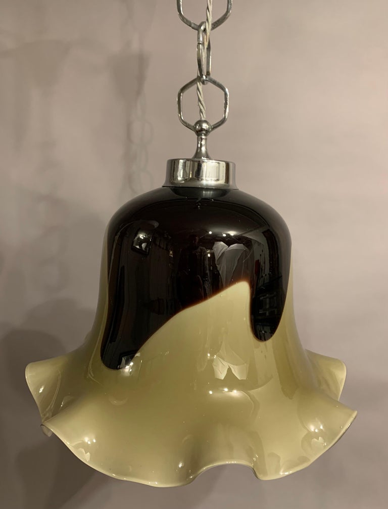 1970s Italian Hand Blown Murano Taupe & Brown Glass and Chrome Pendant Light For Sale 11
