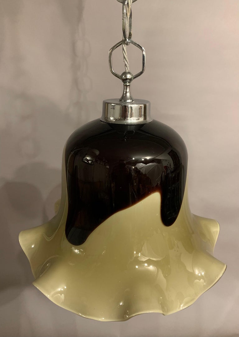 1970s Italian Hand Blown Murano Taupe & Brown Glass and Chrome Pendant Light For Sale 12