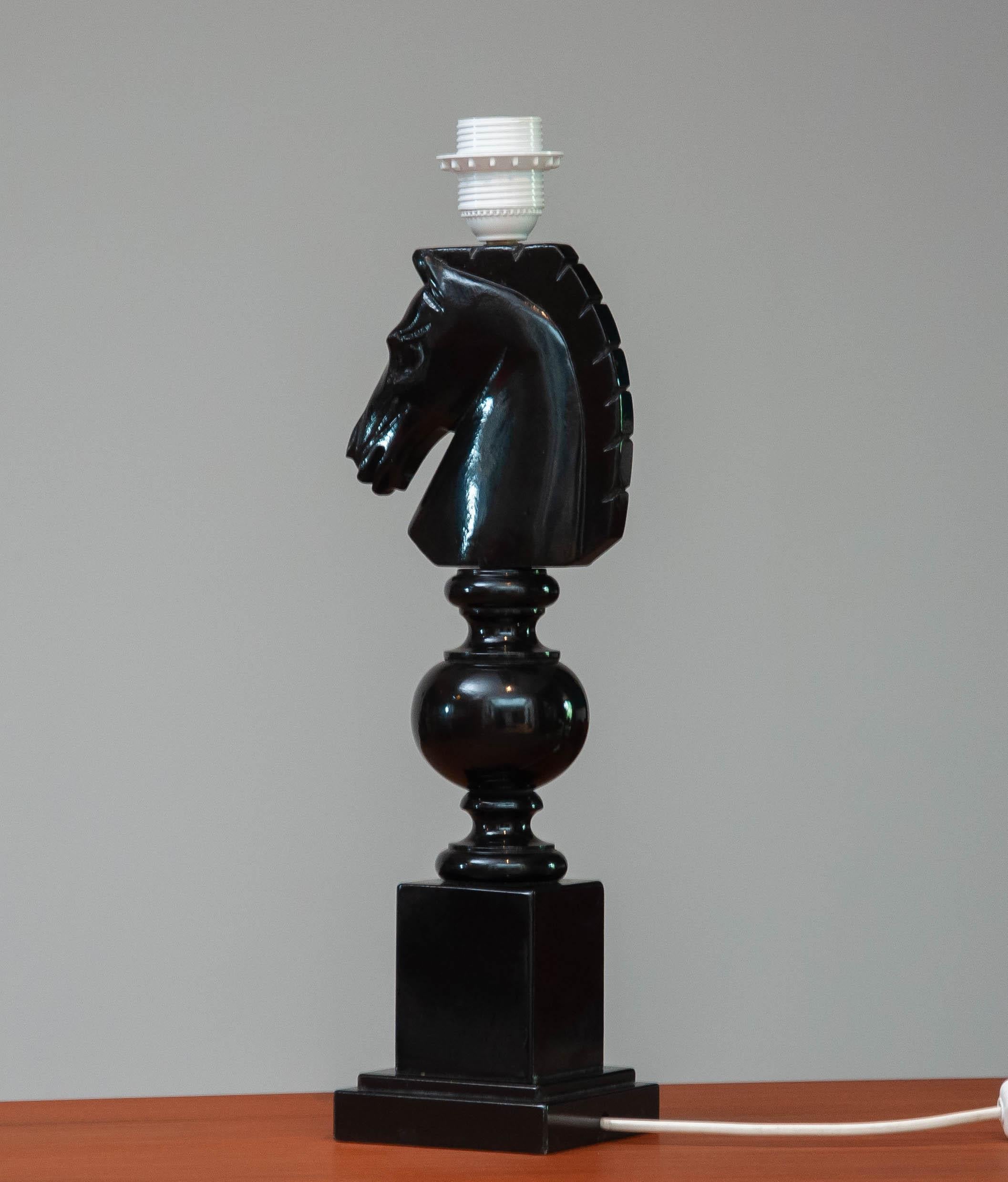Organic Modern 1970's Italian Hand Carved Alabaster Table Lamp with Horse Head in Black For Sale
