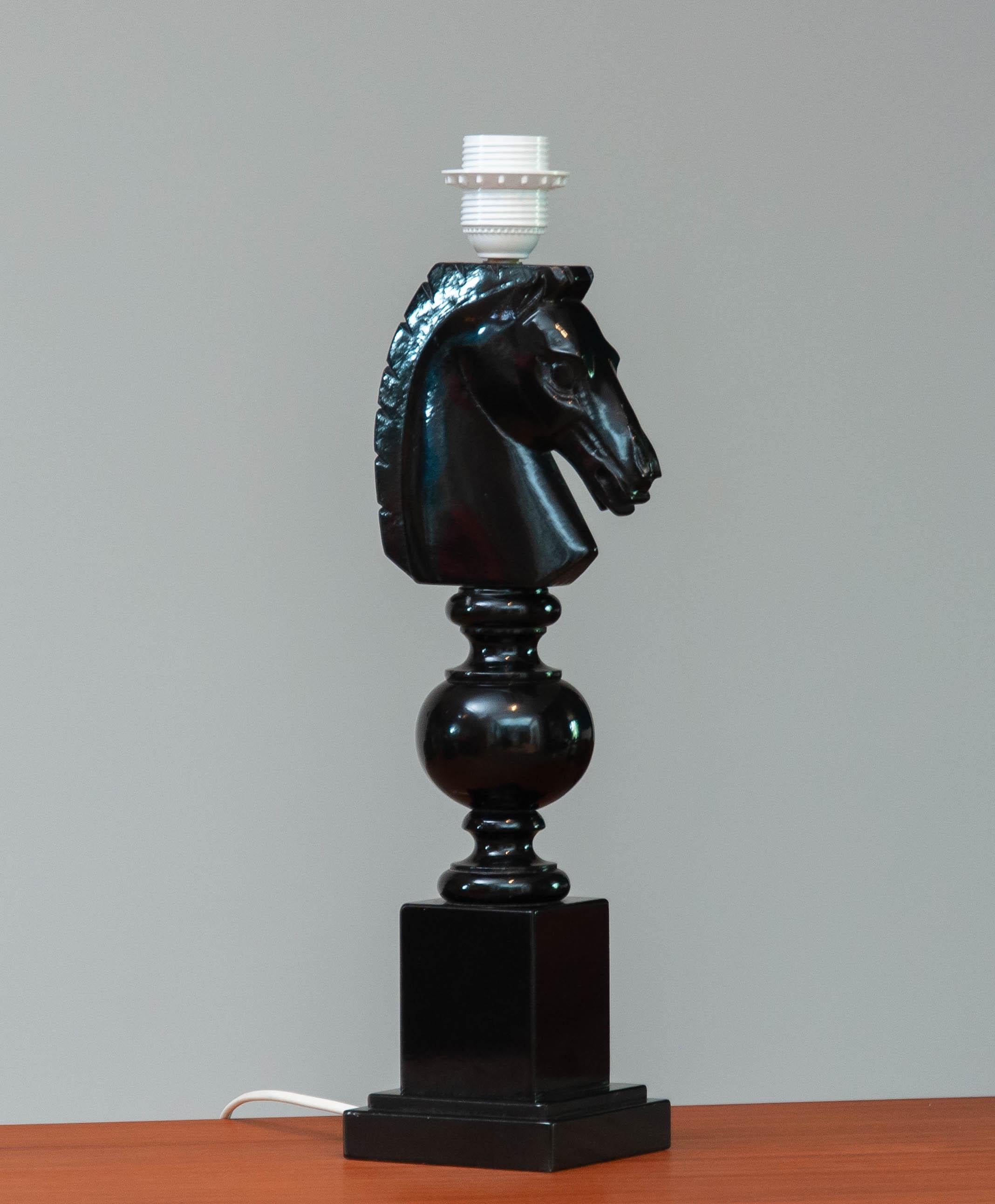 Late 20th Century 1970's Italian Hand Carved Alabaster Table Lamp with Horse Head in Black For Sale