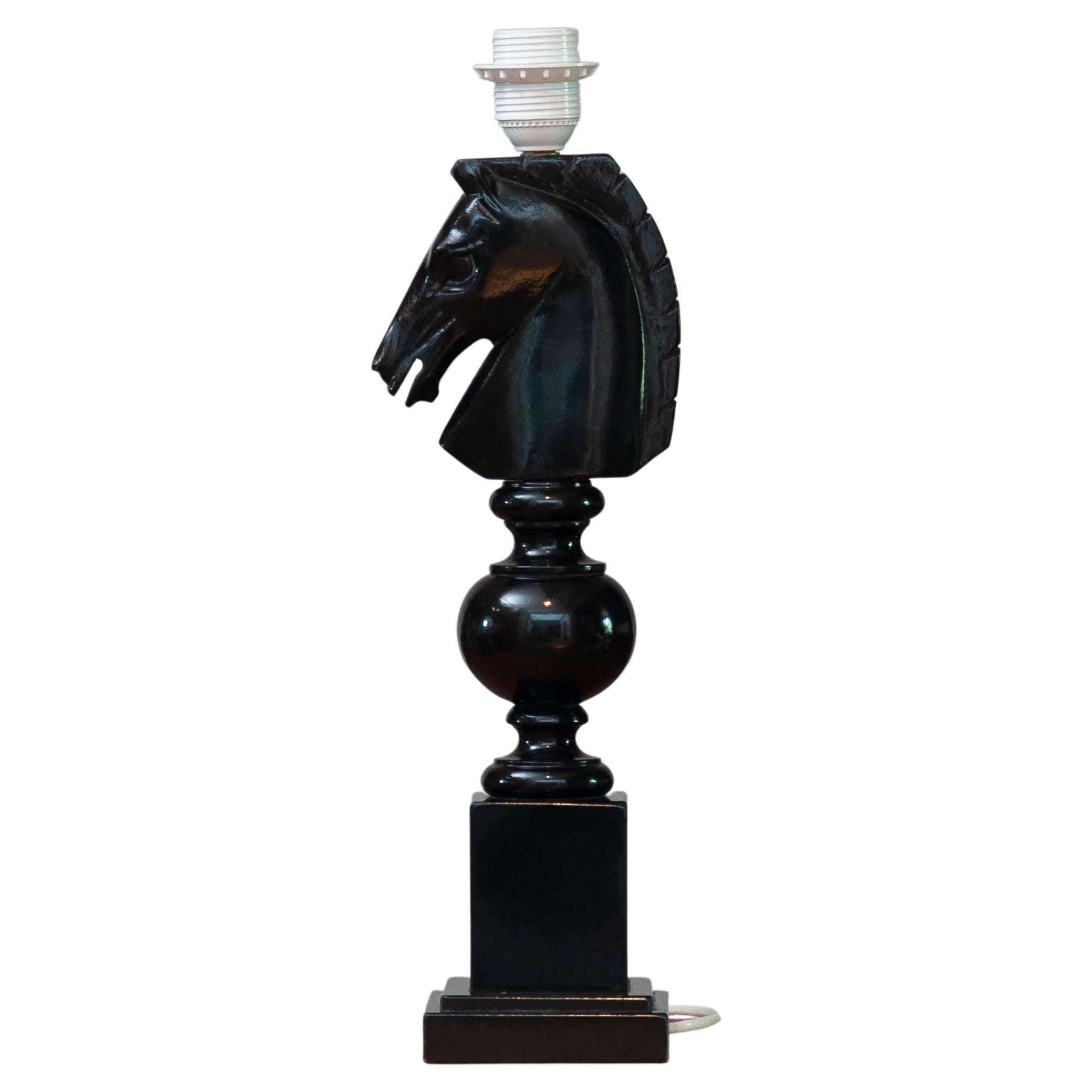 1970's Italian Hand Carved Alabaster Table Lamp with Horse Head in Black For Sale
