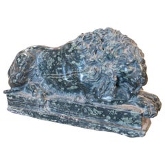 1970s Italian Hand Carved Lying Lion in Green Serpentine Marble