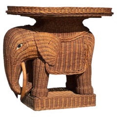 1970s Italian Hand Woven Wicker Elephant Shaped Side Table