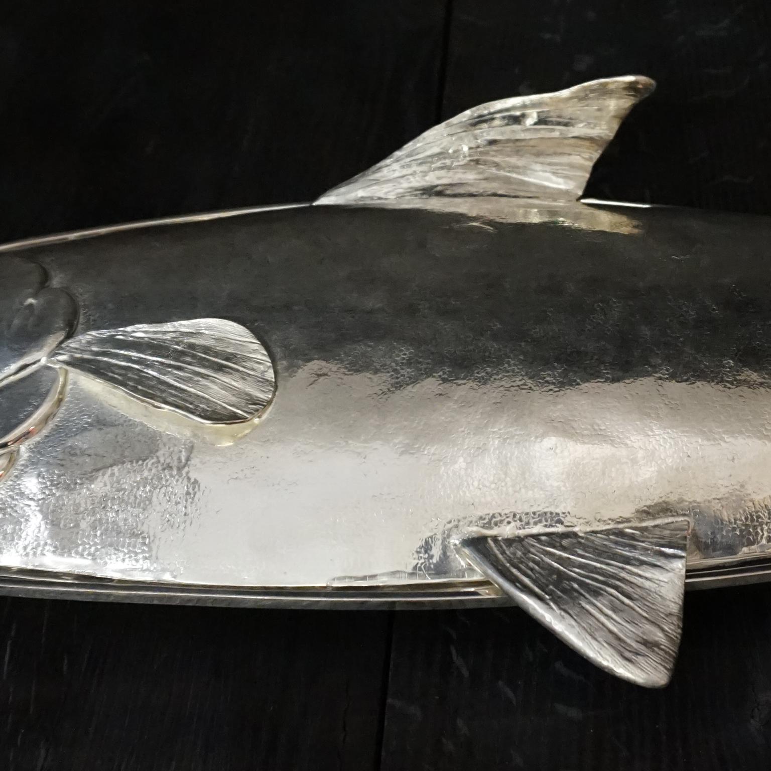 1970s Italian Heavy Silver Plated Hand-Hammered Franco Lagini Salmon Fish Server 7