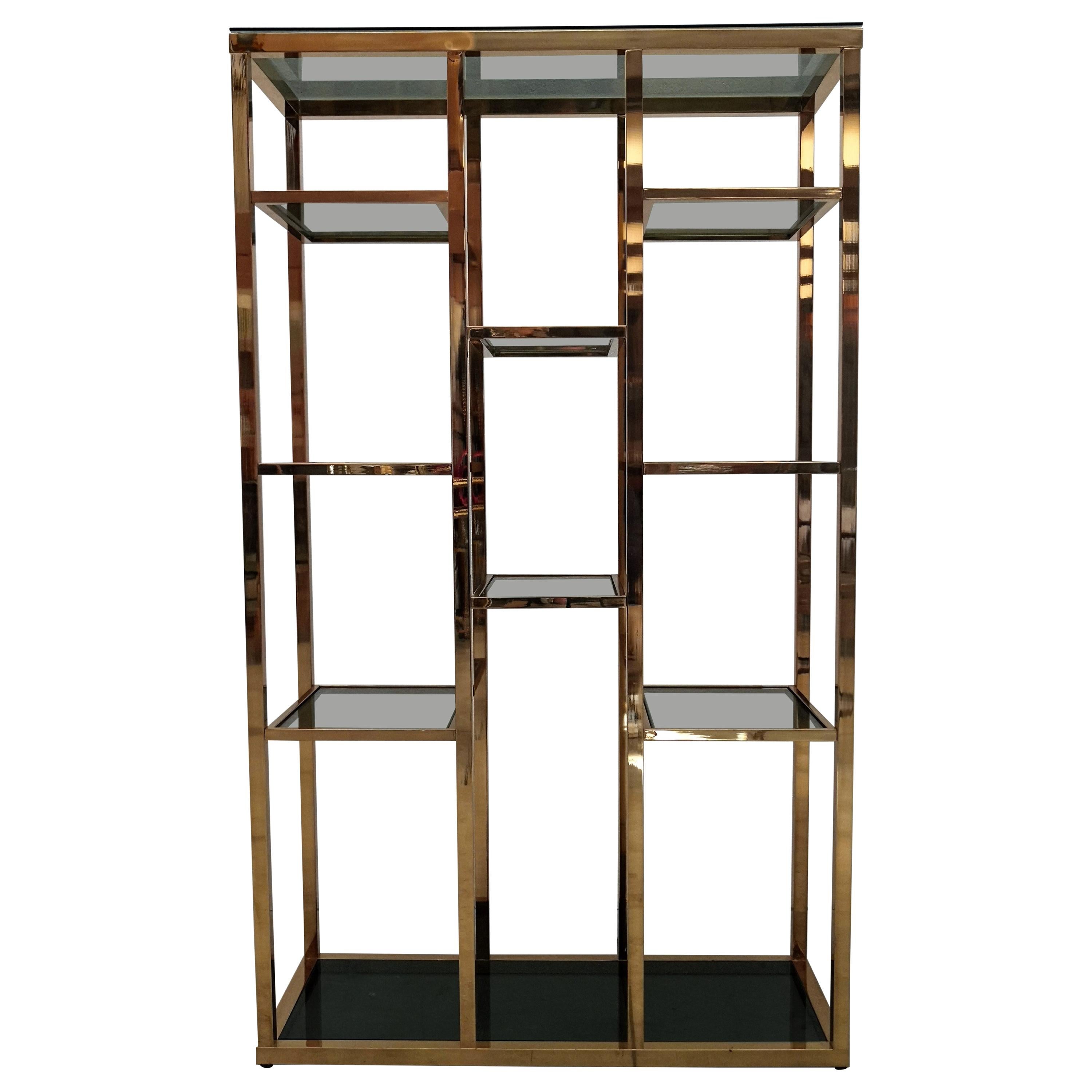 1970s Italian Hollywood Regency Brass and Green Glass Étagère Shelving Display