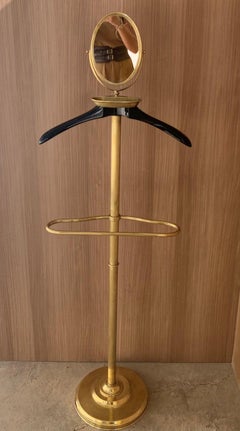 1970s Italian Hollywood Regency Brass and Wood Valet Stand Dressboy with Mirror