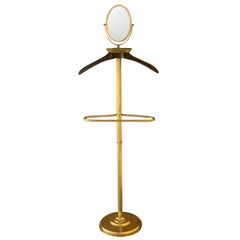 1970s Italian Hollywood Regency Brass and Wood Valet Stand Dressboy with Mirror