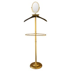 Vintage 1970s Italian Hollywood Regency Brass and Wood Valet Stand Dressboy with Mirror