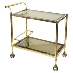 1970s Italian Hollywood Regency Brass Bar Cart with Smoked Glass Shelves