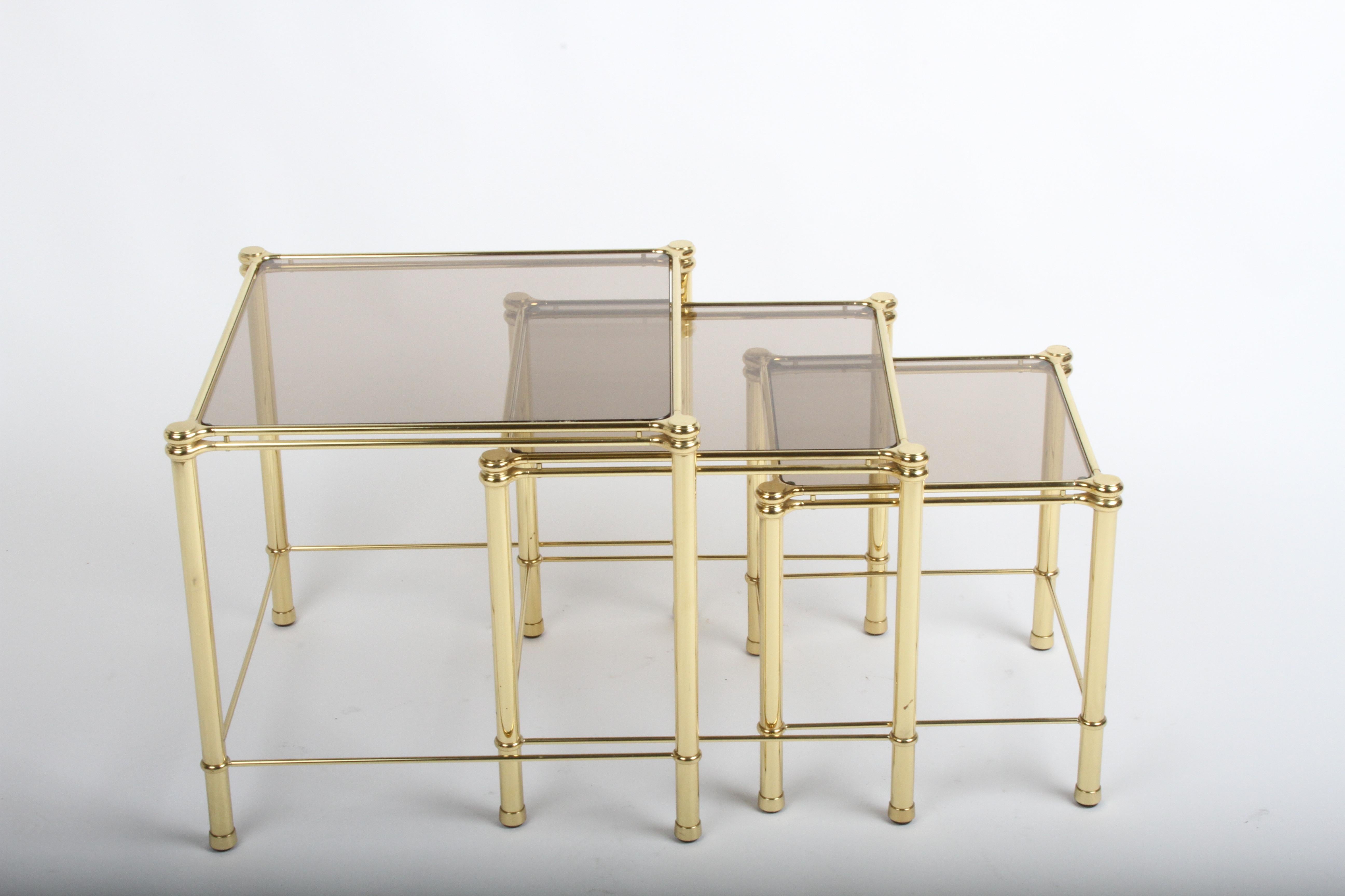 1970s Italian Hollywood Regency Brass & Bronze Glass Set of 3 Nesting Tables For Sale 5