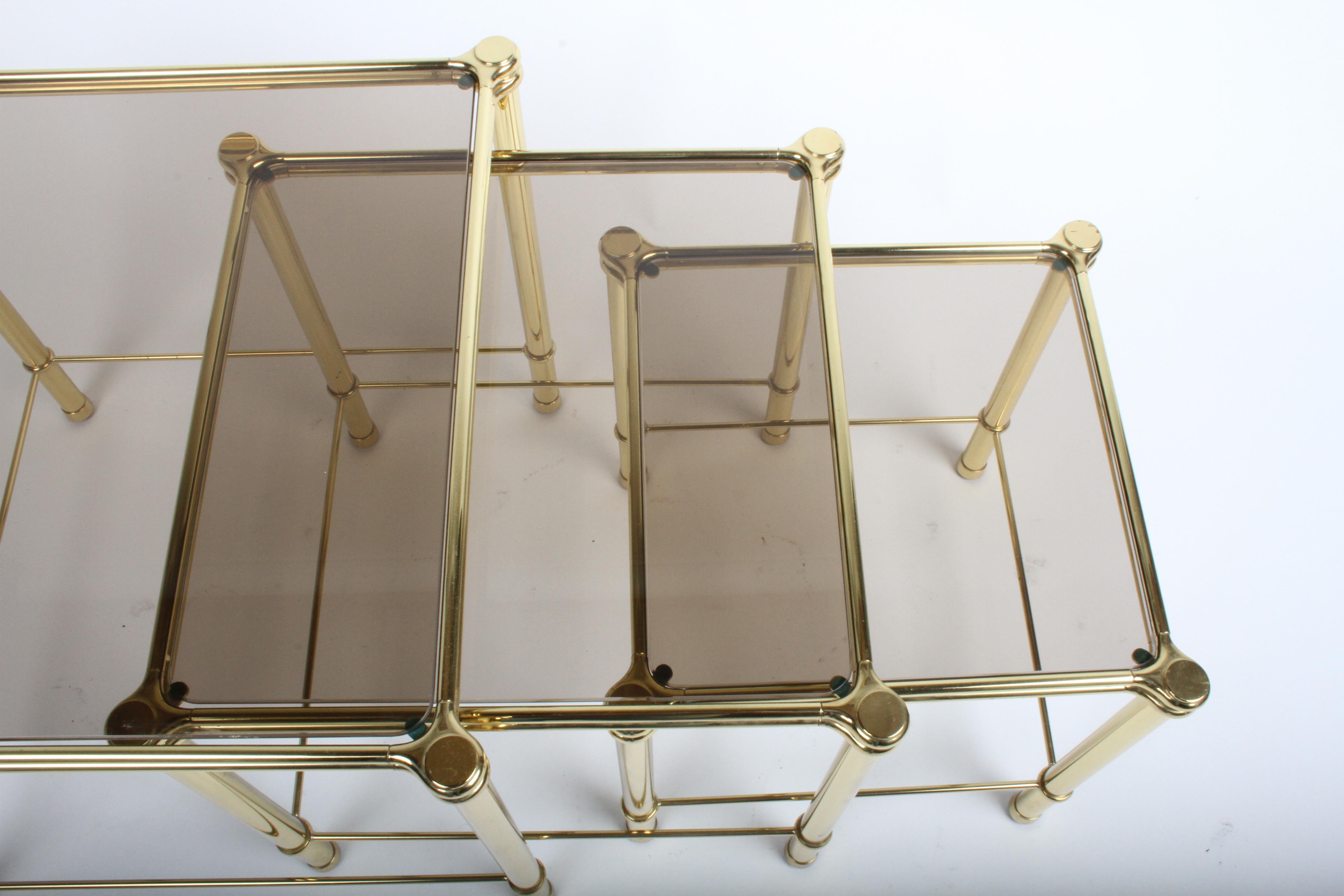 1970s Italian Hollywood Regency Brass & Bronze Glass Set of 3 Nesting Tables For Sale 8
