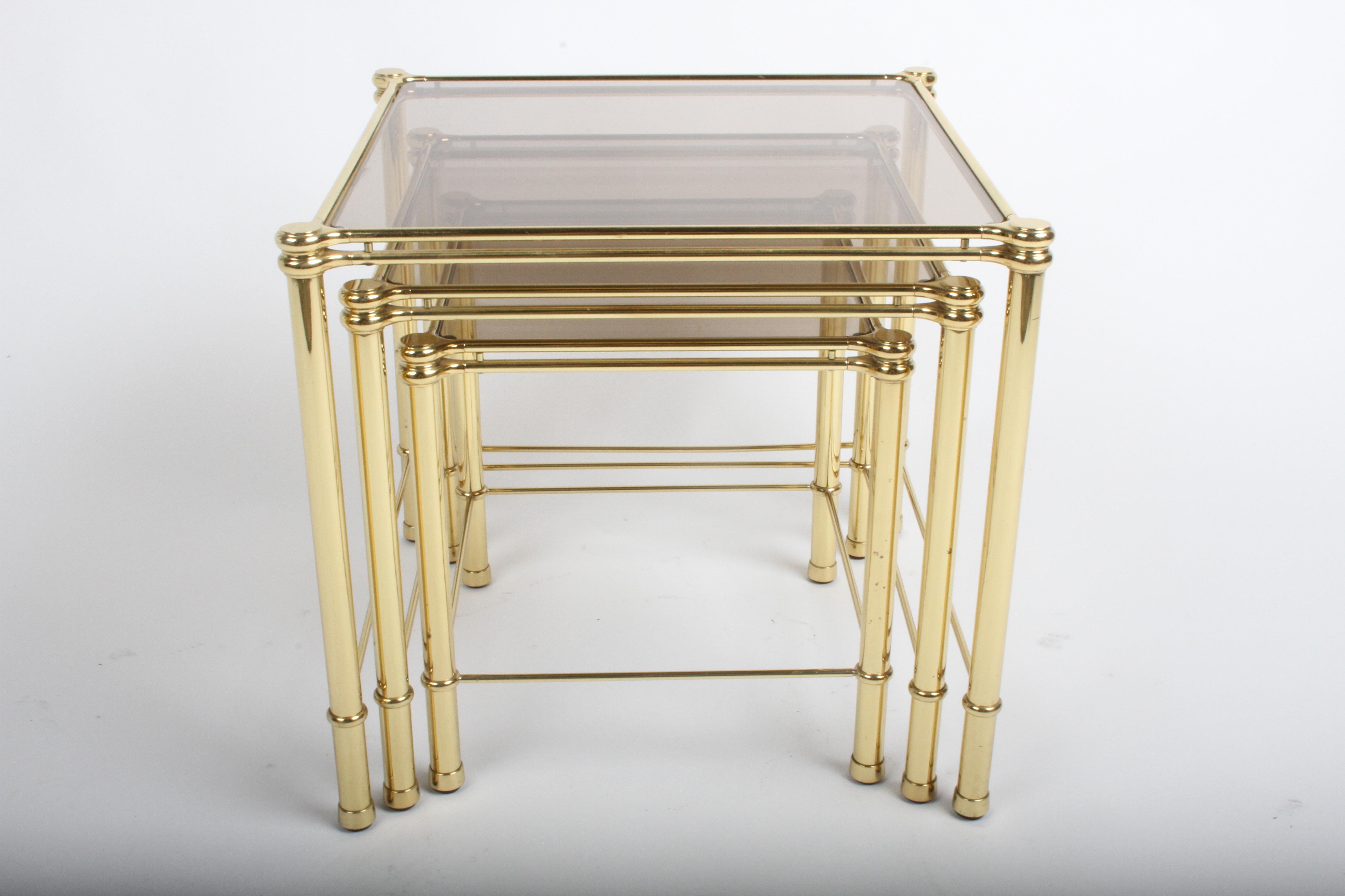 1970s Italian Hollywood Regency Brass & Bronze Glass Set of 3 Nesting Tables In Good Condition For Sale In St. Louis, MO