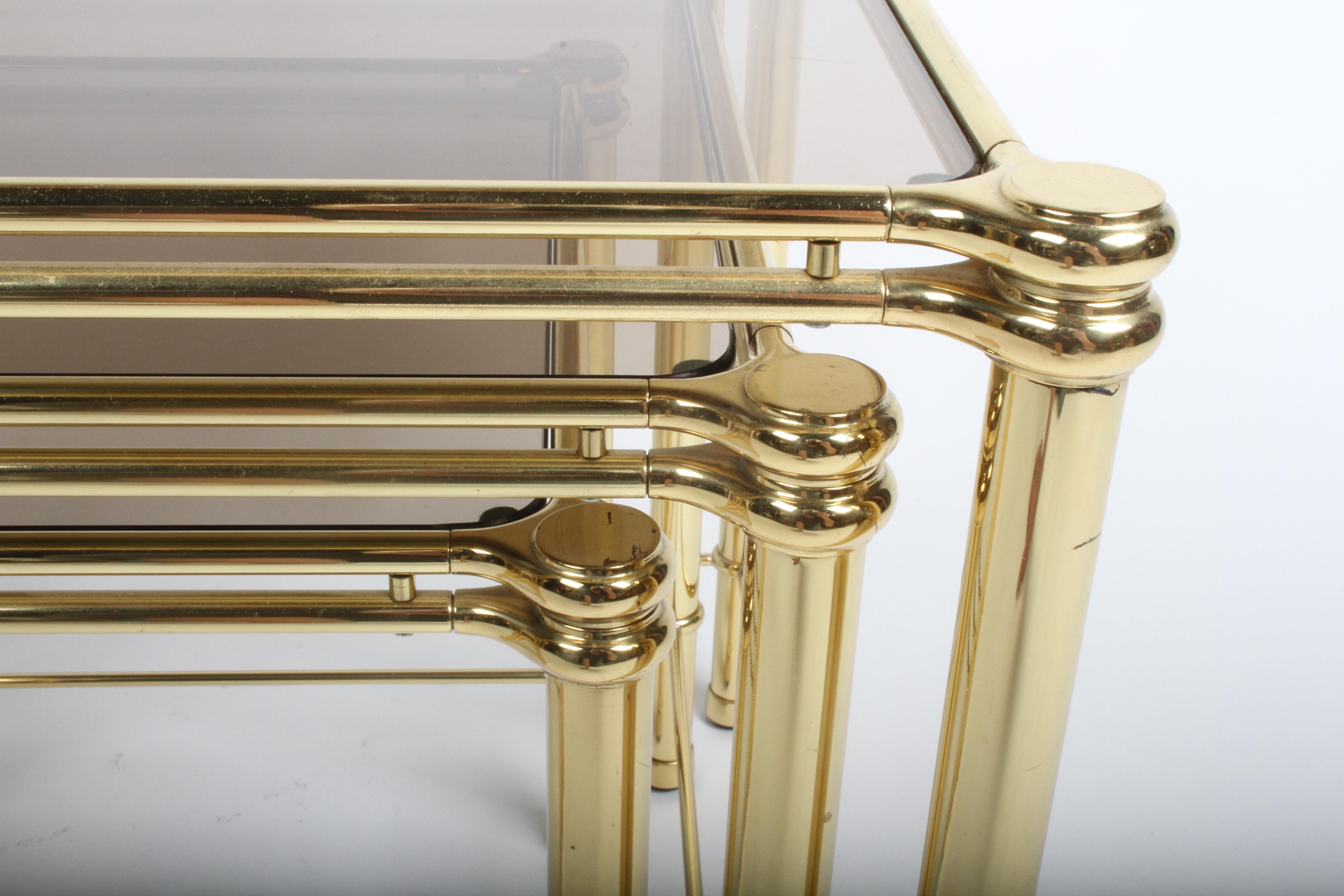 1970s Italian Hollywood Regency Brass & Bronze Glass Set of 3 Nesting Tables For Sale 2