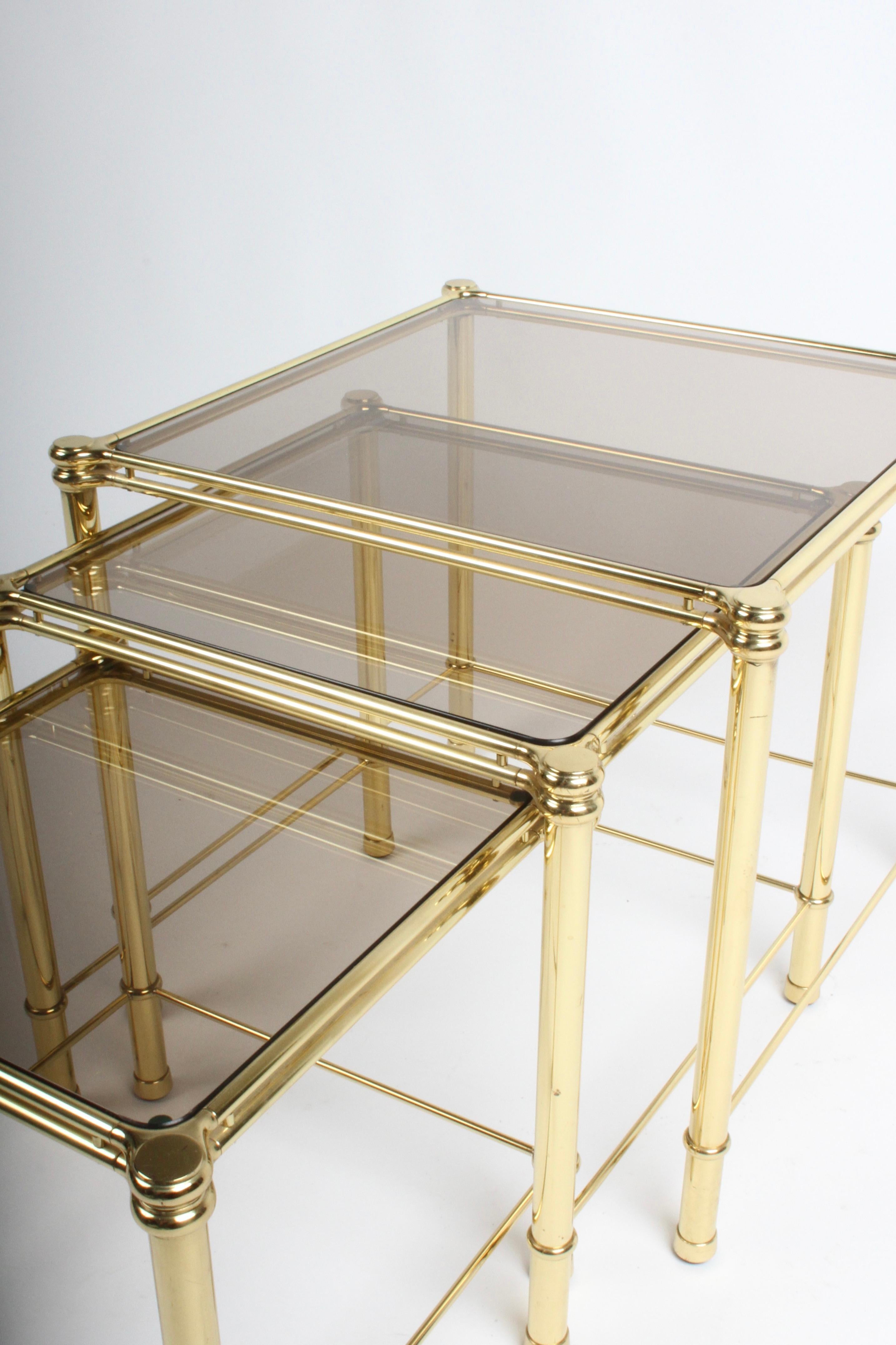 1970s Italian Hollywood Regency Brass & Bronze Glass Set of 3 Nesting Tables For Sale 3