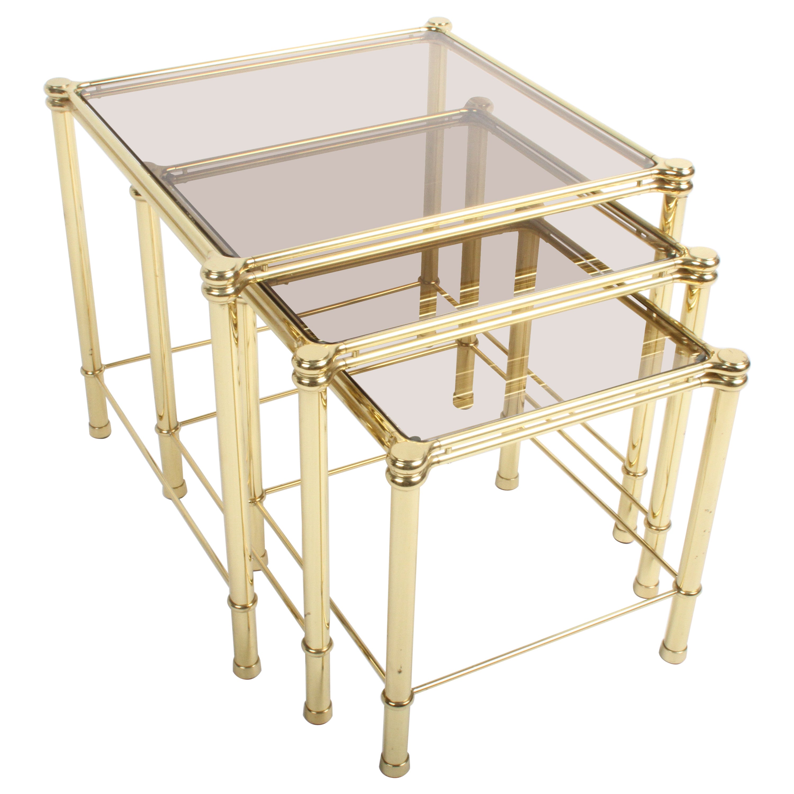 1970s Italian Hollywood Regency Brass & Bronze Glass Set of 3 Nesting Tables For Sale