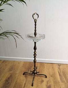 1970s Italian Hollywood Regency Midcentury Brass and Glass Standing Ashtray