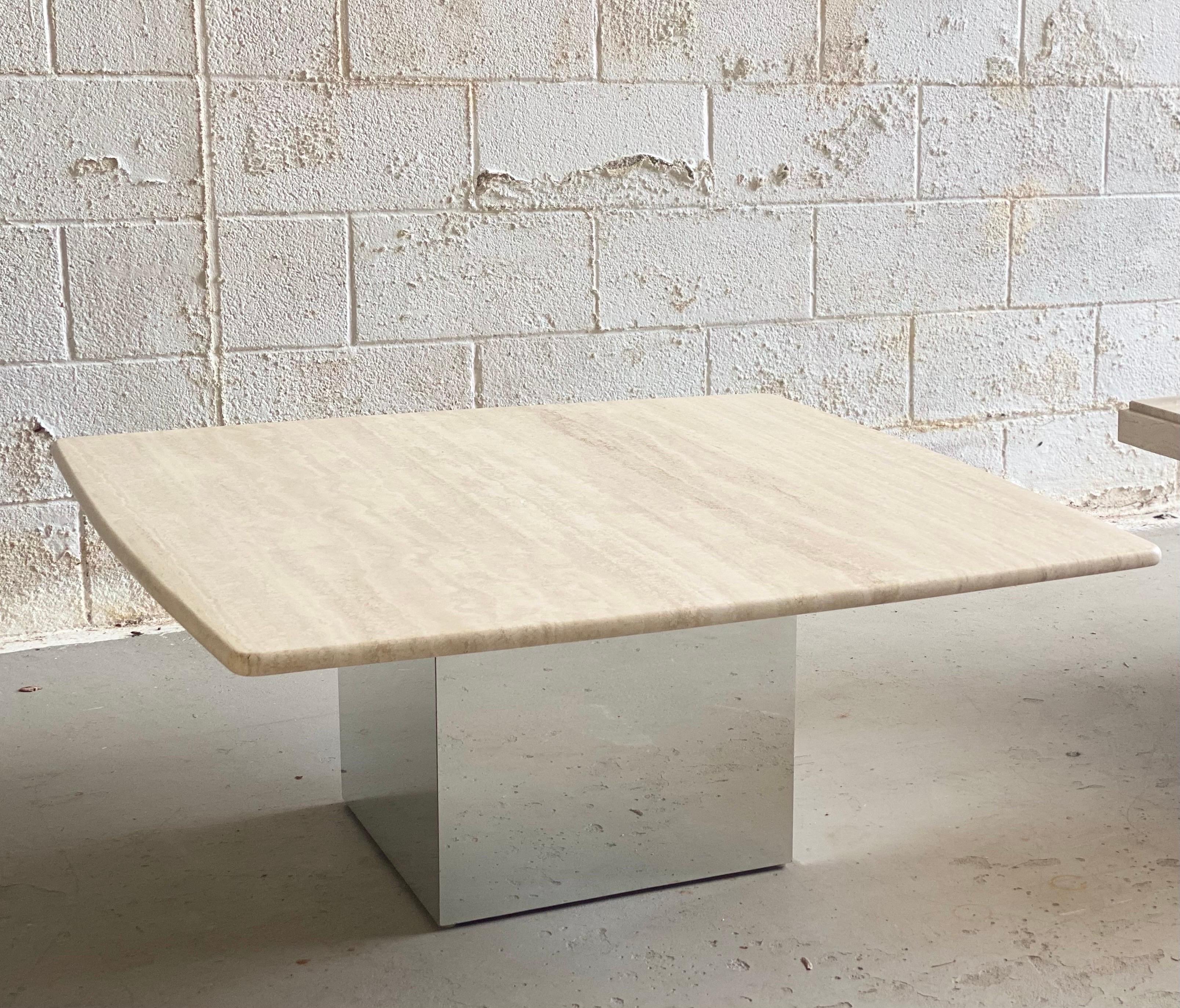 Unknown 1970s Italian Honed Travertine and Chrome Square Coffee Table For Sale