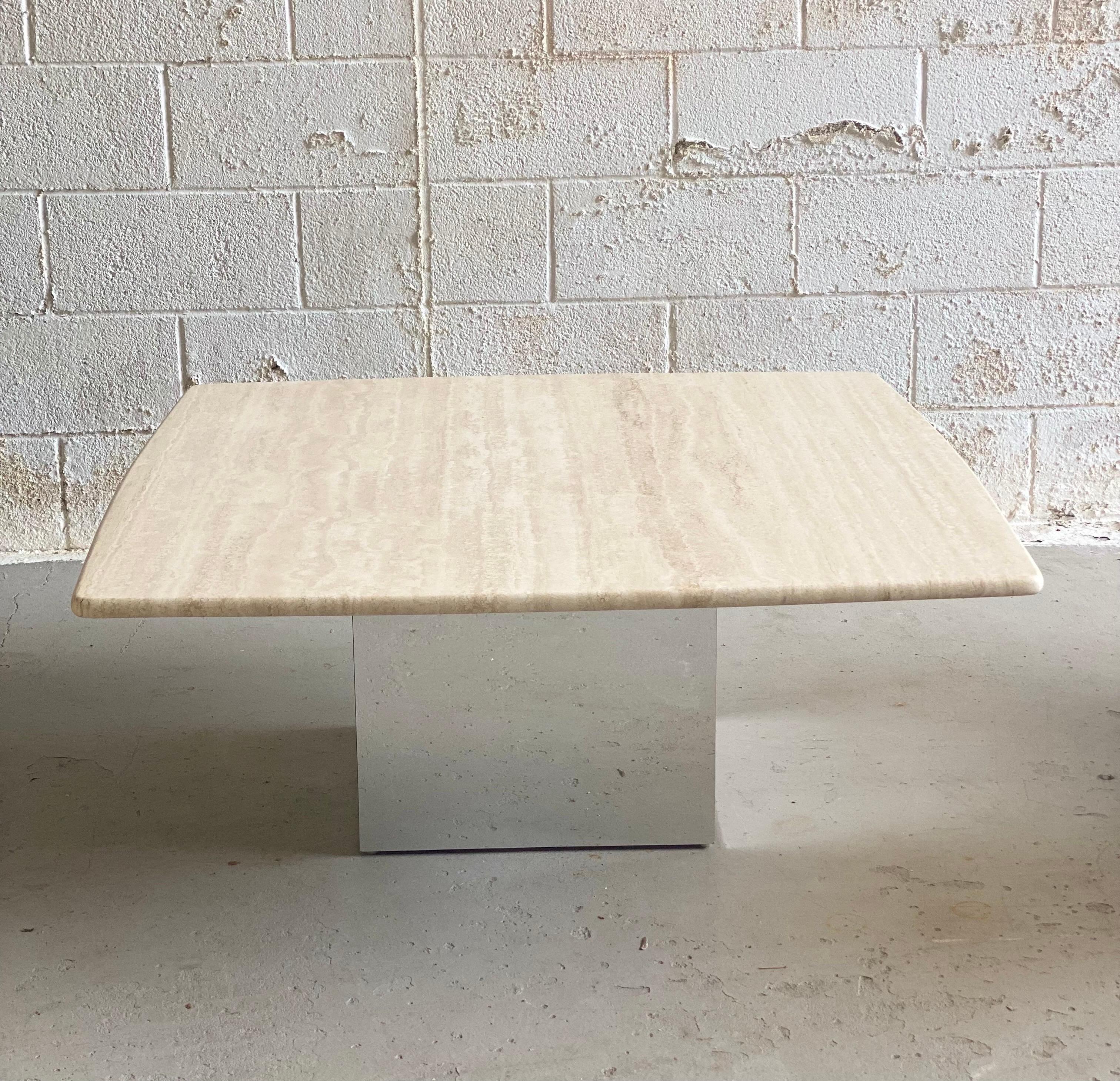 Late 20th Century 1970s Italian Honed Travertine and Chrome Square Coffee Table For Sale