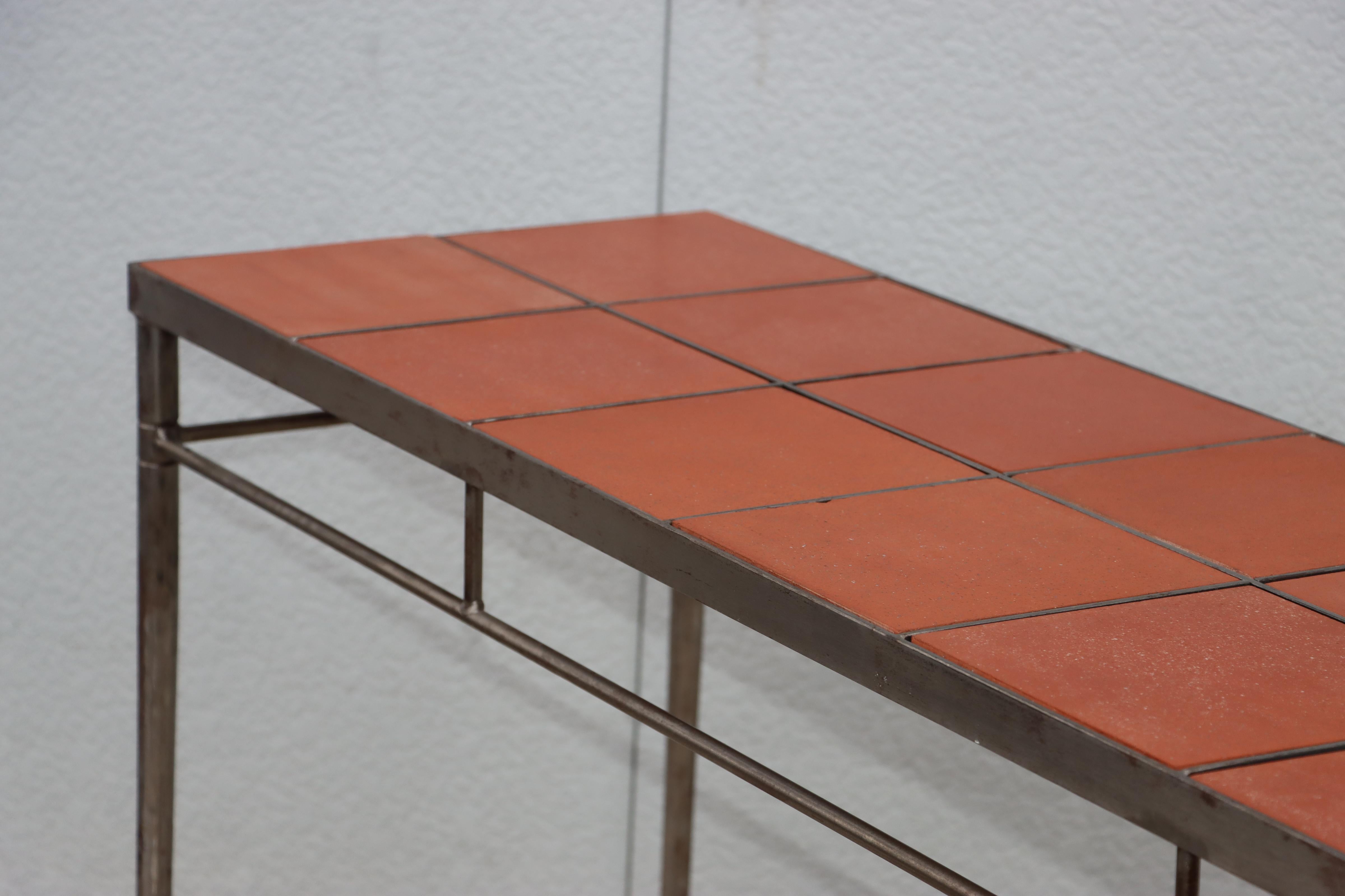 1970's Italian Iron Console Table with Impruneta Terracotta Tile Inserts For Sale 5
