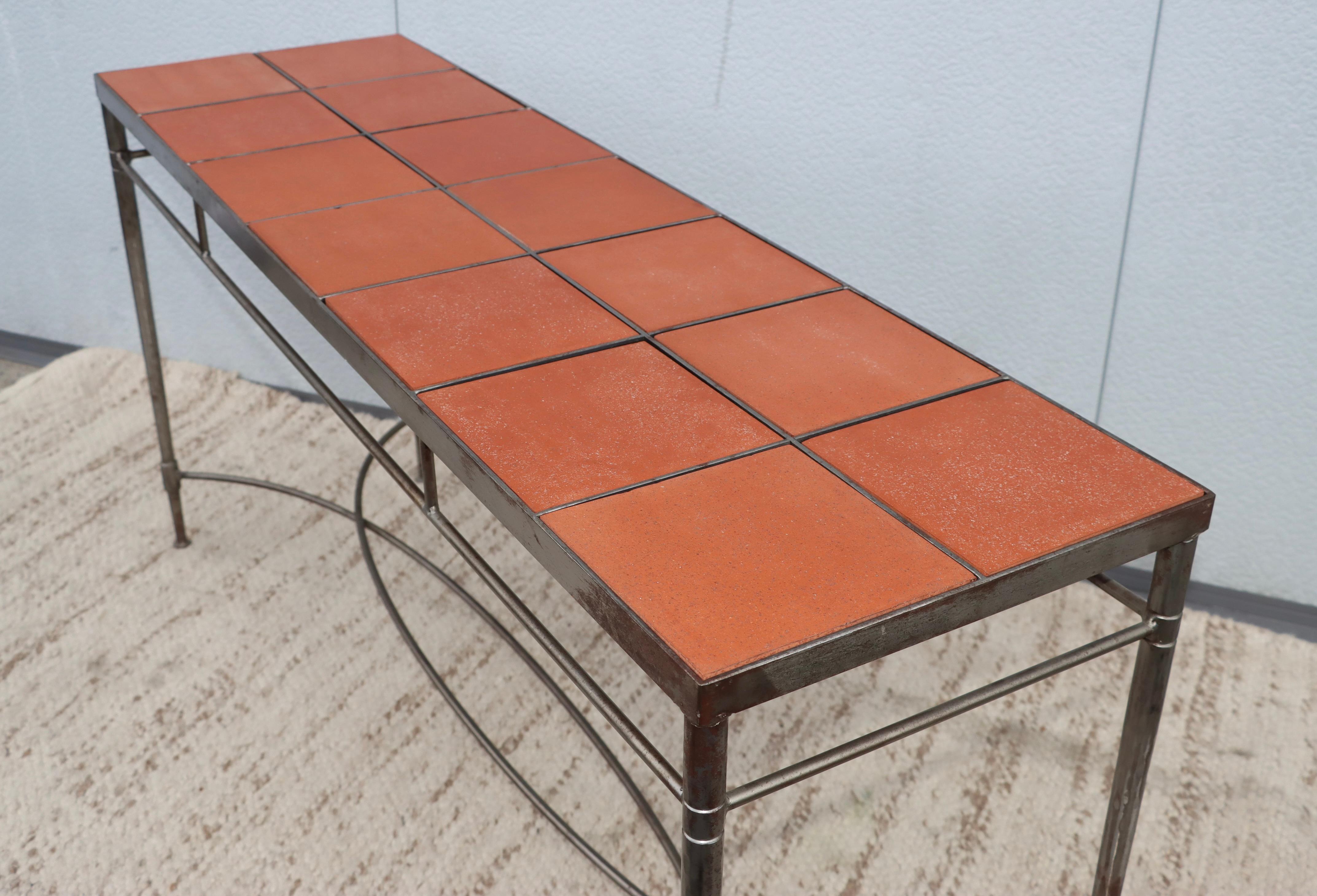 1970's Italian Iron Console Table with Terracotta Tile Inserts For Sale at 1stDibs