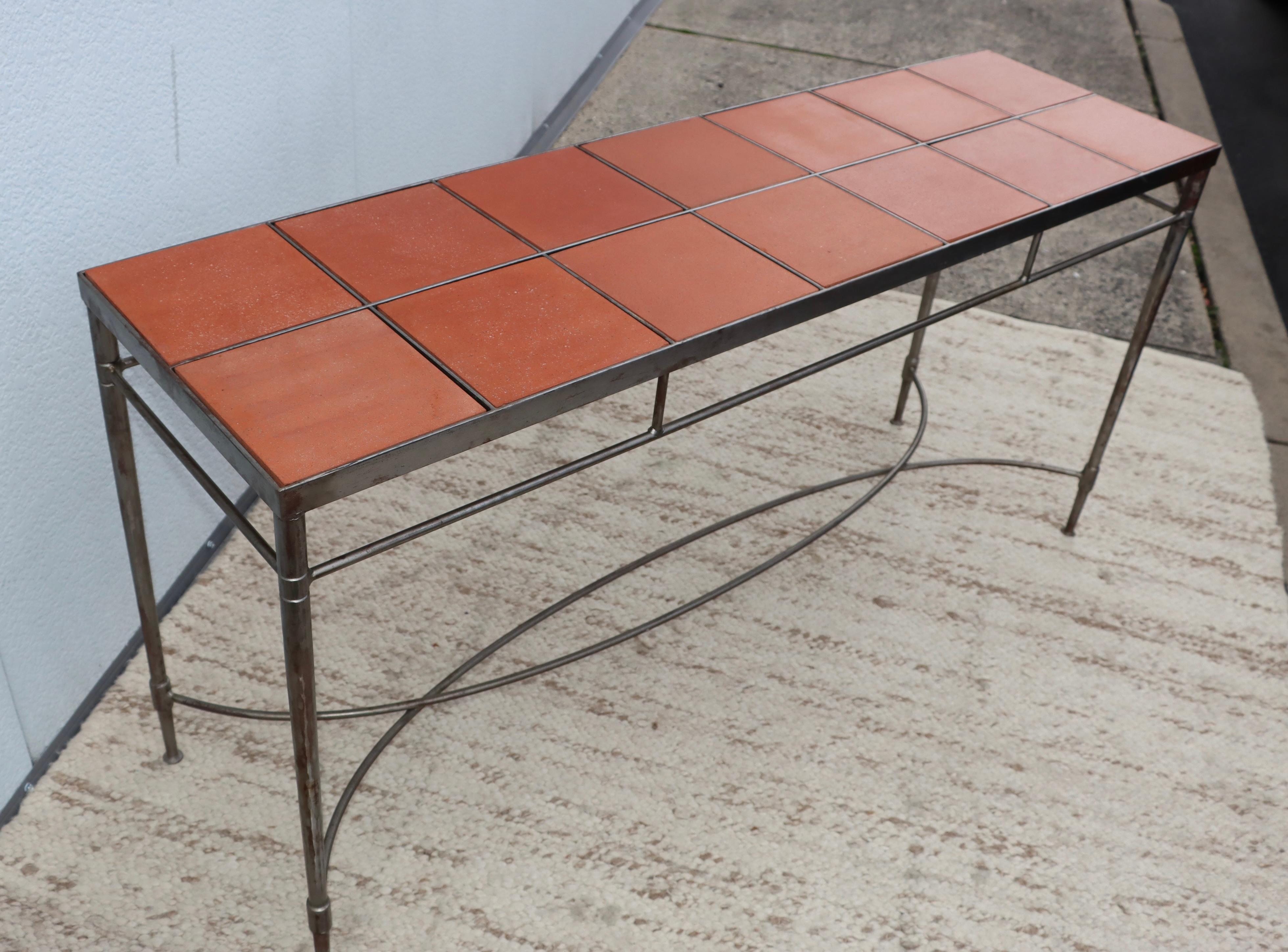 1970's Italian Iron Console Table with Impruneta Terracotta Tile Inserts For Sale 9