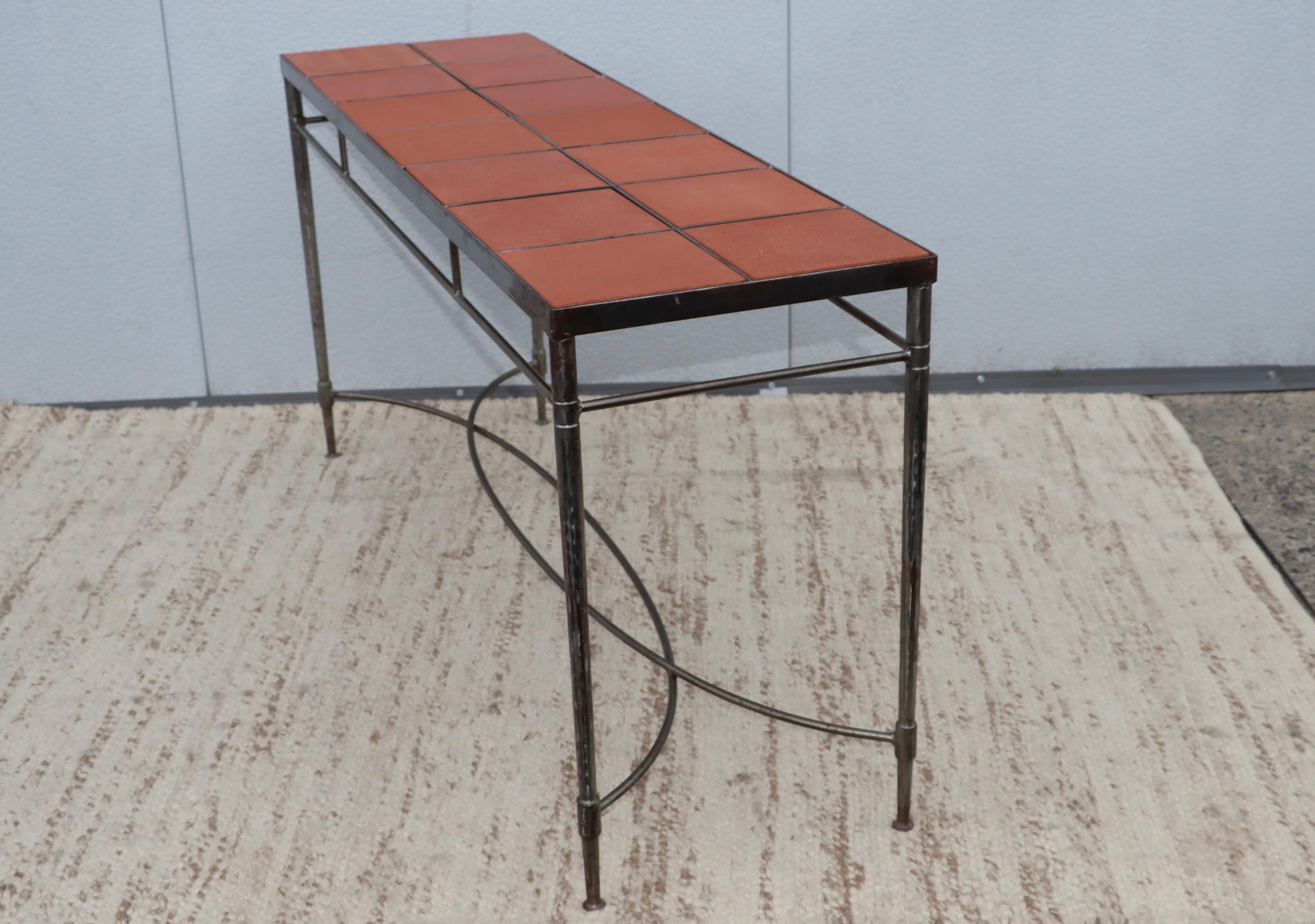 1970's Italian Iron Console Table with Impruneta Terracotta Tile Inserts For Sale 7