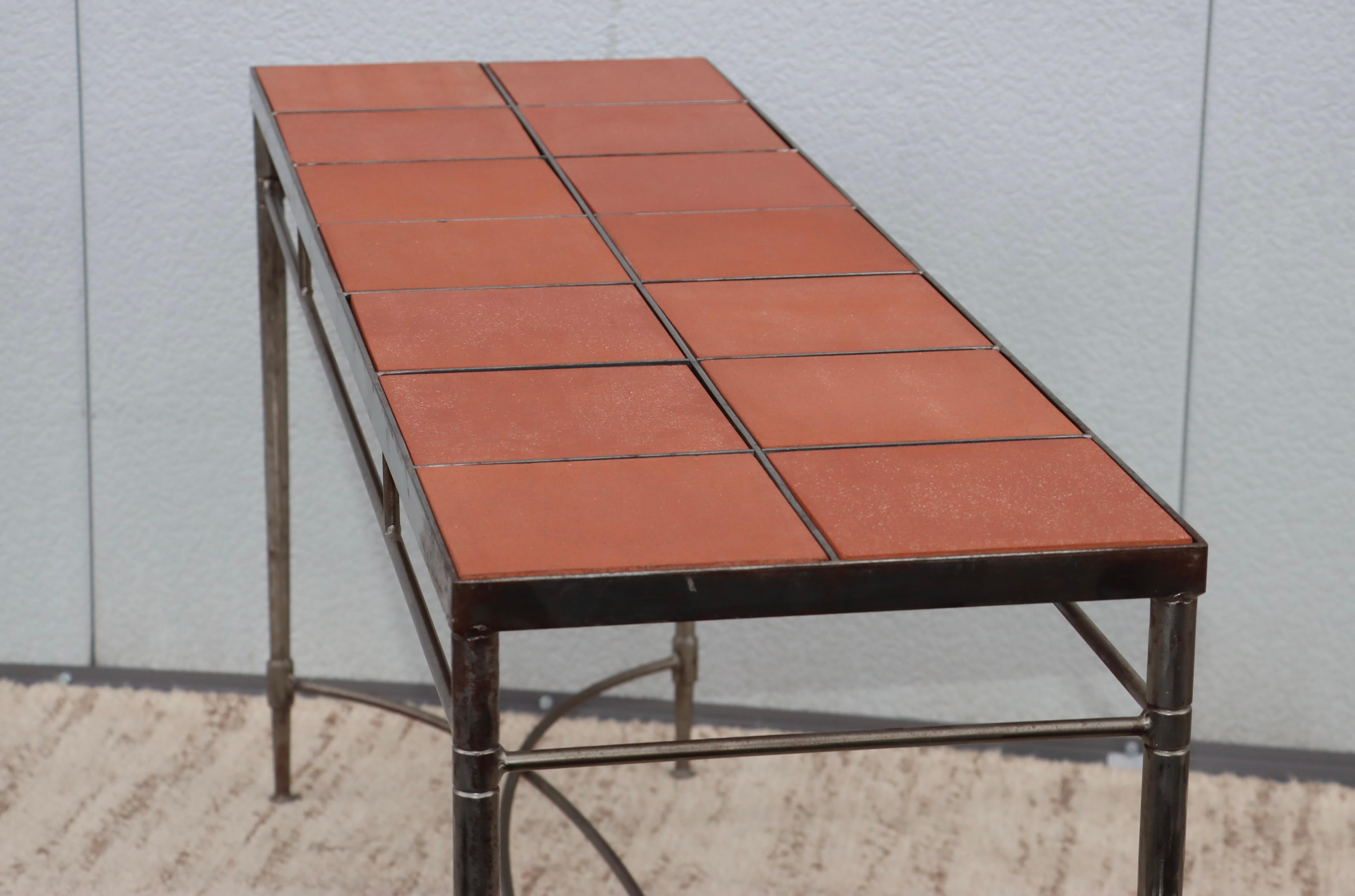 1970's Italian Iron Console Table with Impruneta Terracotta Tile Inserts For Sale 11