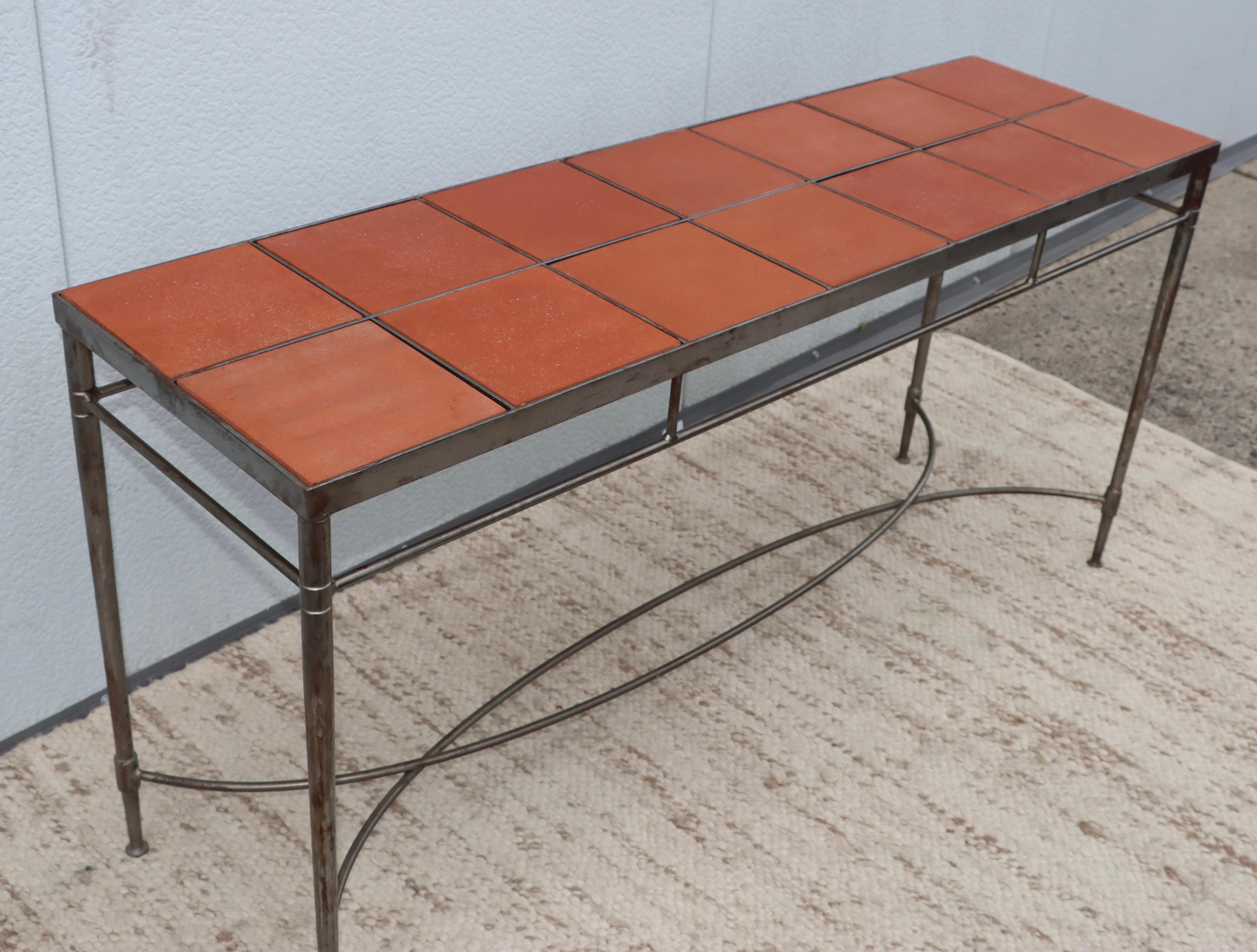 Mid-Century Modern 1970's Italian Iron Console Table with Impruneta Terracotta Tile Inserts For Sale