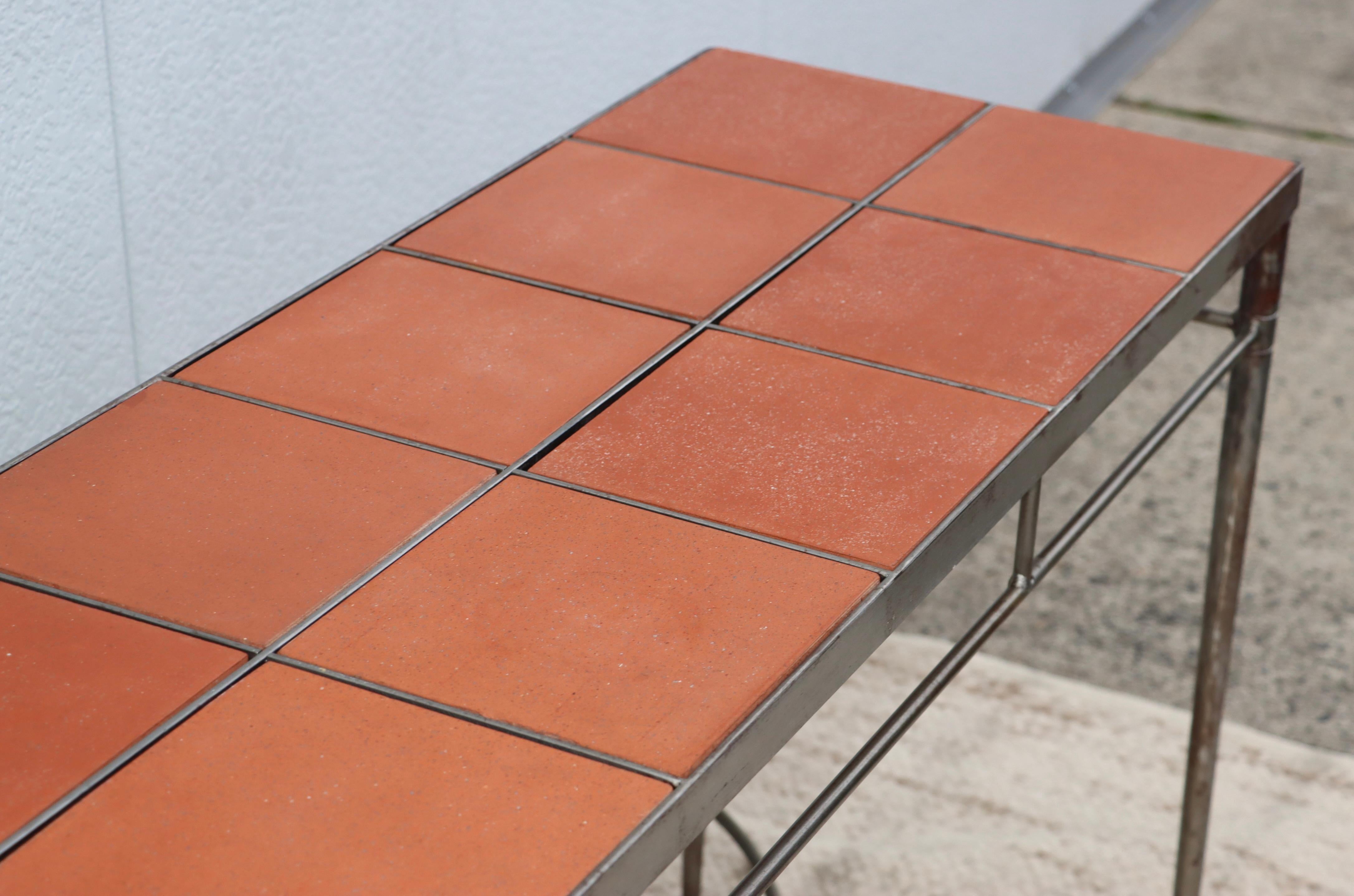 1970's Italian Iron Console Table with Terracotta Tile Inserts For Sale at 1stDibs