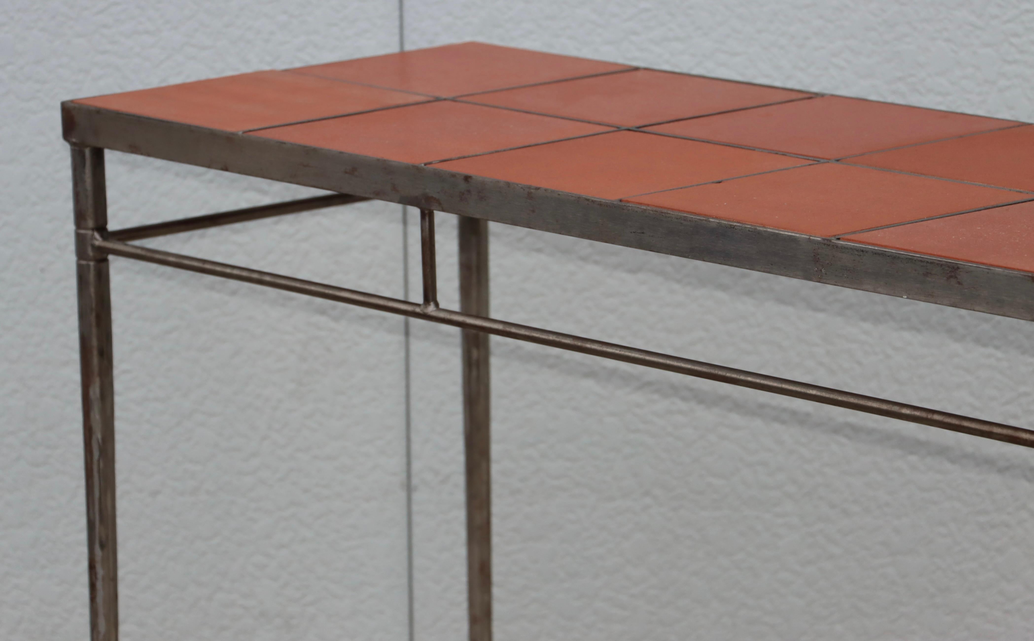 1970's Italian Iron Console Table with Impruneta Terracotta Tile Inserts For Sale 2