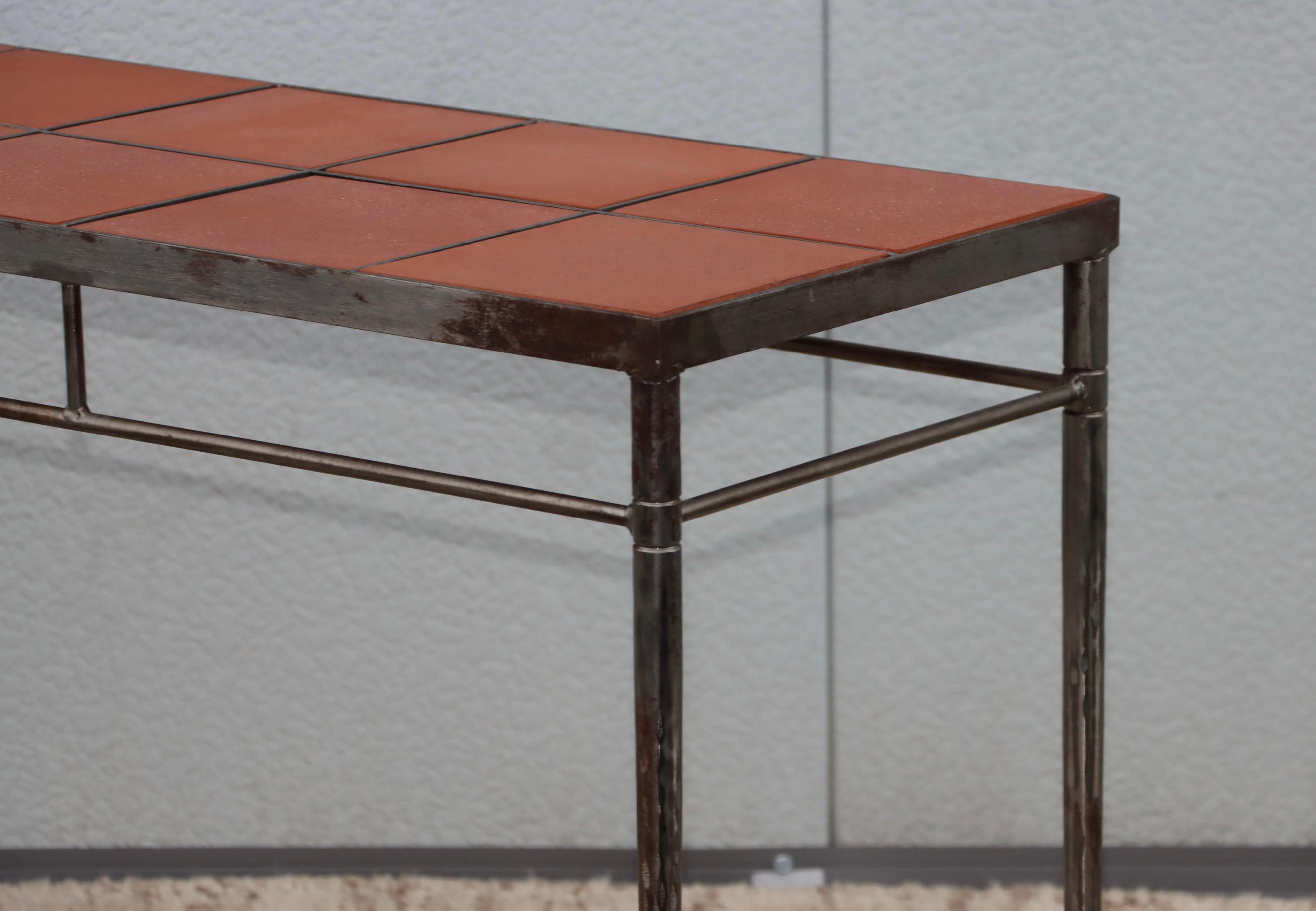 Late 20th Century 1970's Italian Iron Console Table with Impruneta Terracotta Tile Inserts For Sale