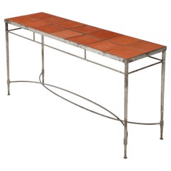 1970's Italian Iron Console Table with Impruneta Terracotta Tile Inserts