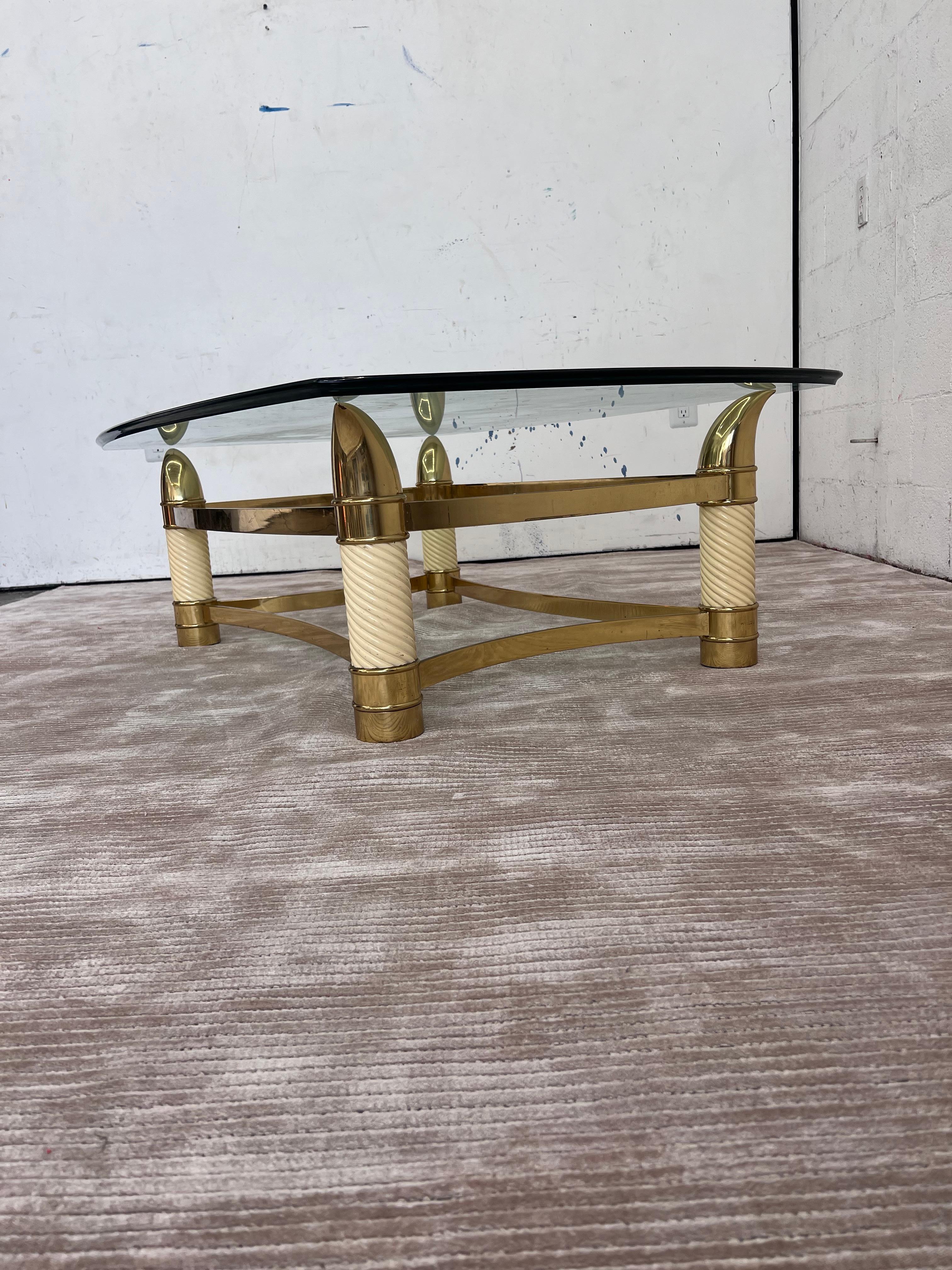 Modern 1970s Italian Ivory and brass coffee table in the style of Tommaso Barbi For Sale