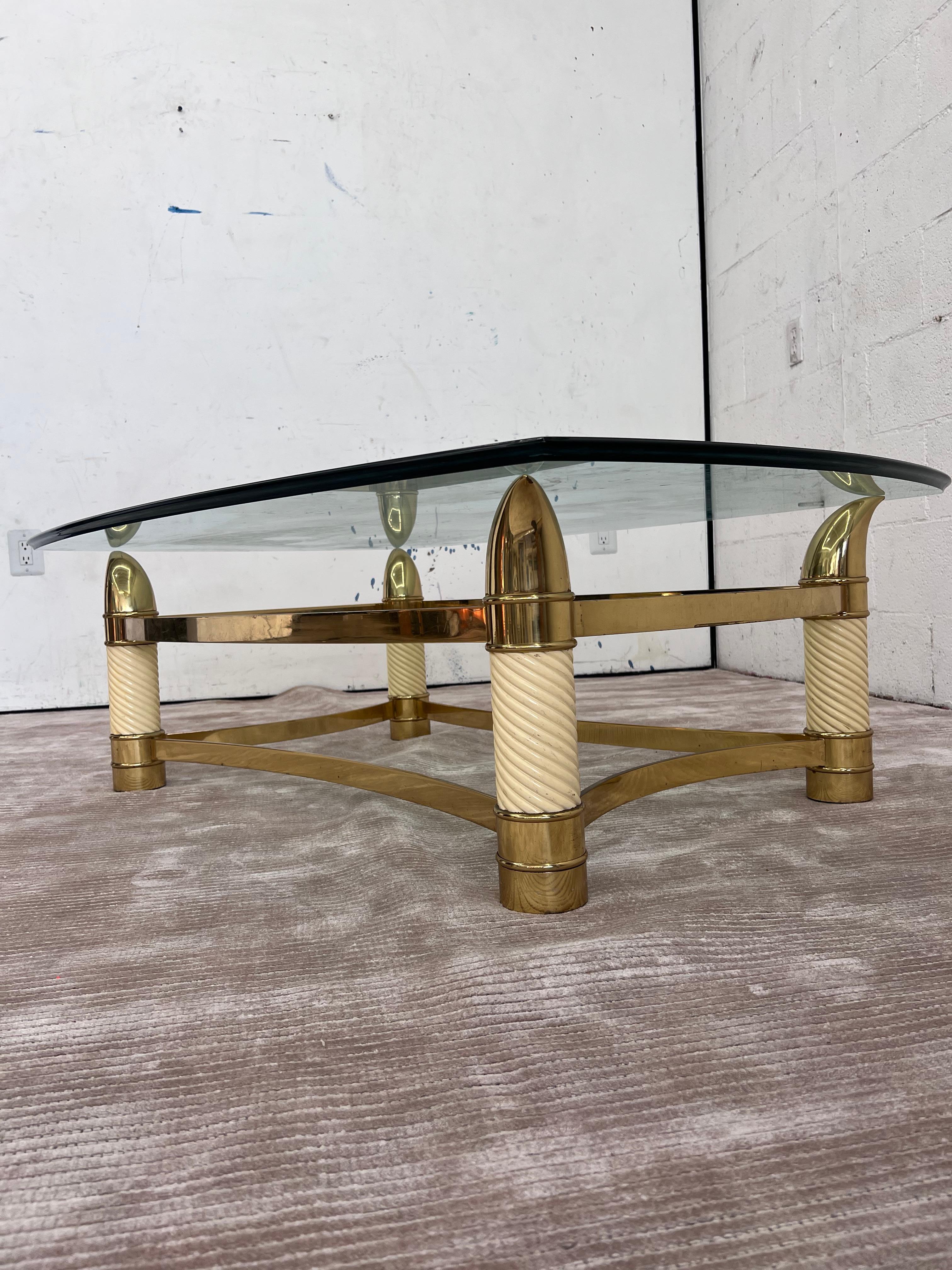 1970s Italian Ivory and brass coffee table in the style of Tommaso Barbi In Good Condition For Sale In Los Angeles, CA