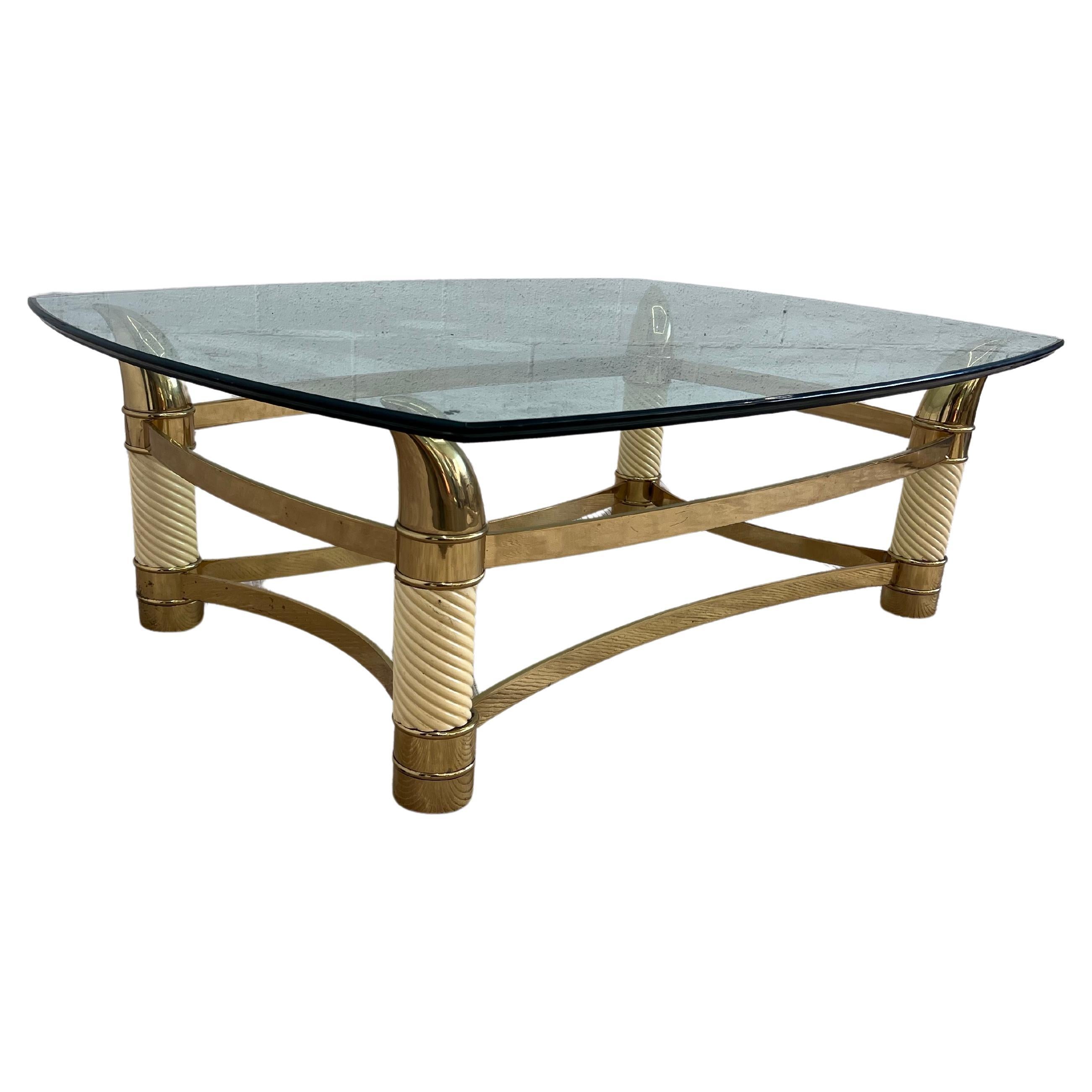1970s Italian Ivory and brass coffee table in the style of Tommaso Barbi For Sale