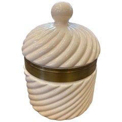 1970s Italian Ivory Ceramic and Brass Tommaso Barbi Ice Bucket