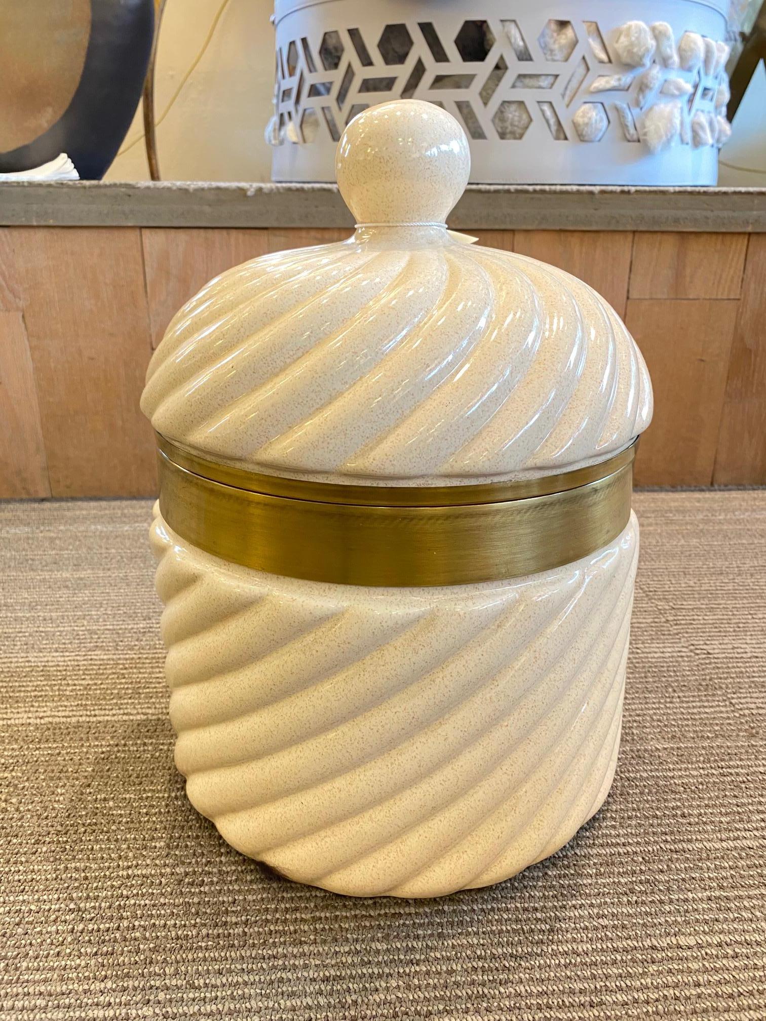 Late 20th Century 1970s Italian Ivory Ceramic and Brass Tommaso Barbi Ice Bucket